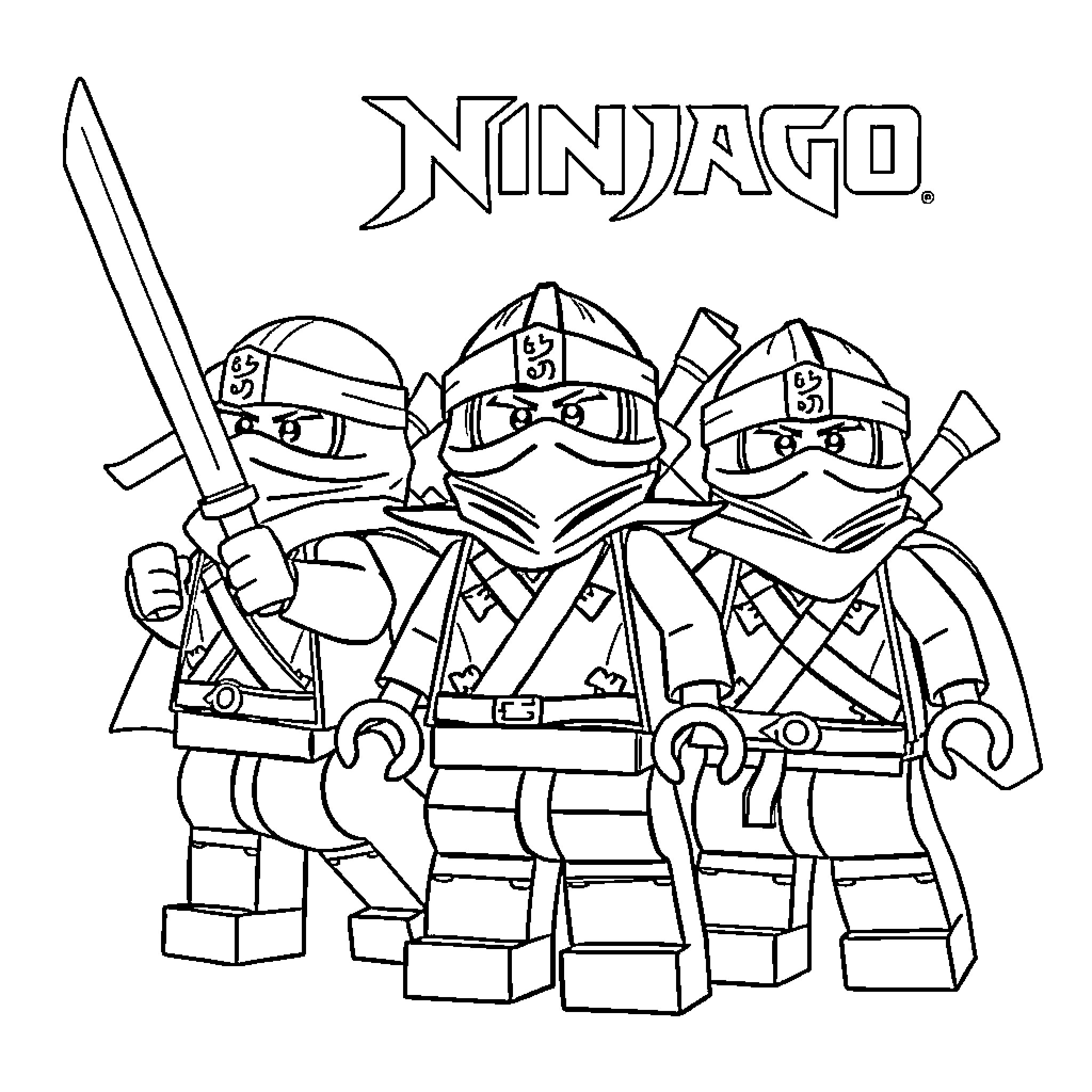 Ninja warriors in action with swords and masks Coloring Page (free black-and-white line drawing printable PDF for all, from beginners to advanced learners, including children, teens, adults, and seniors)