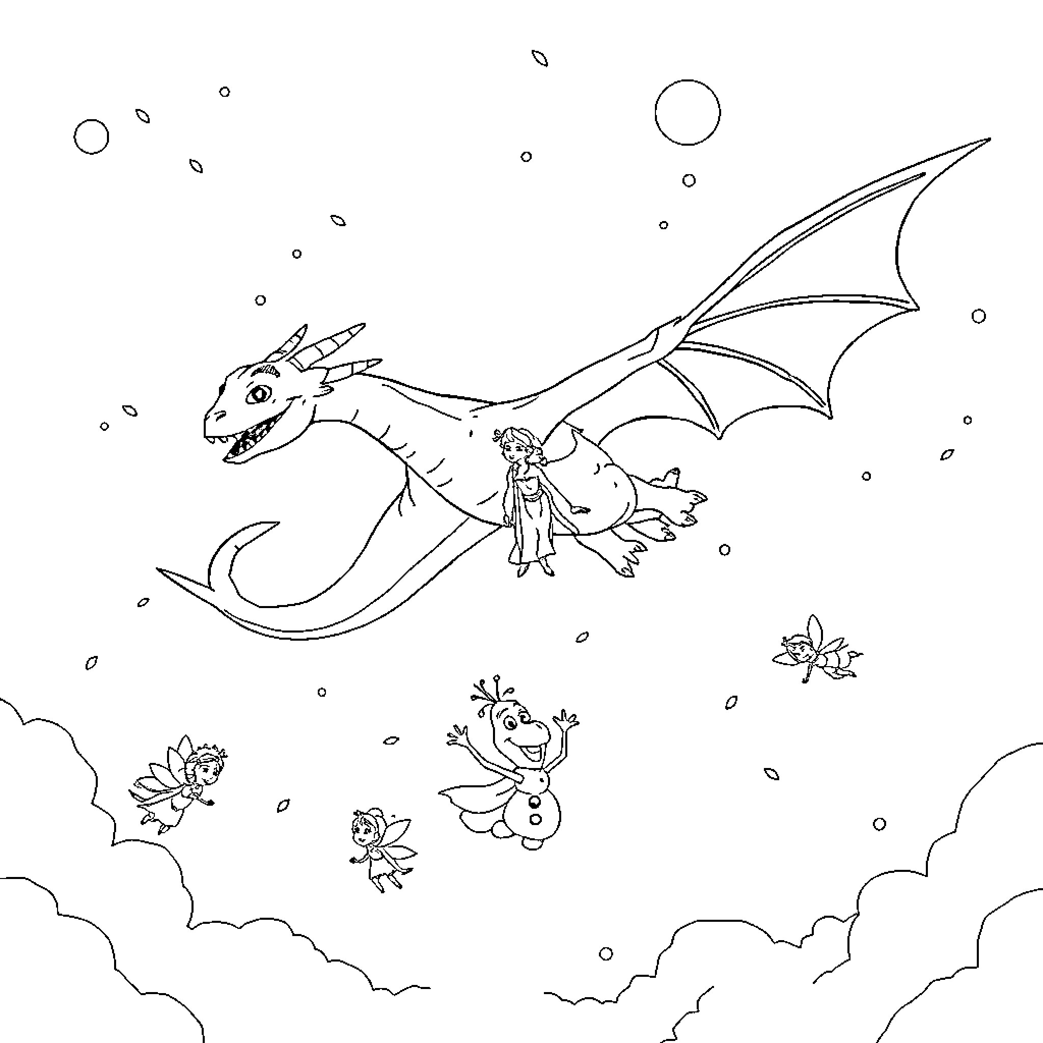 Dragon flying through the sky with a girl and fairies Coloring Page (free black-and-white line drawing printable PDF for all, from beginners to advanced learners, including children, teens, adults, and seniors)