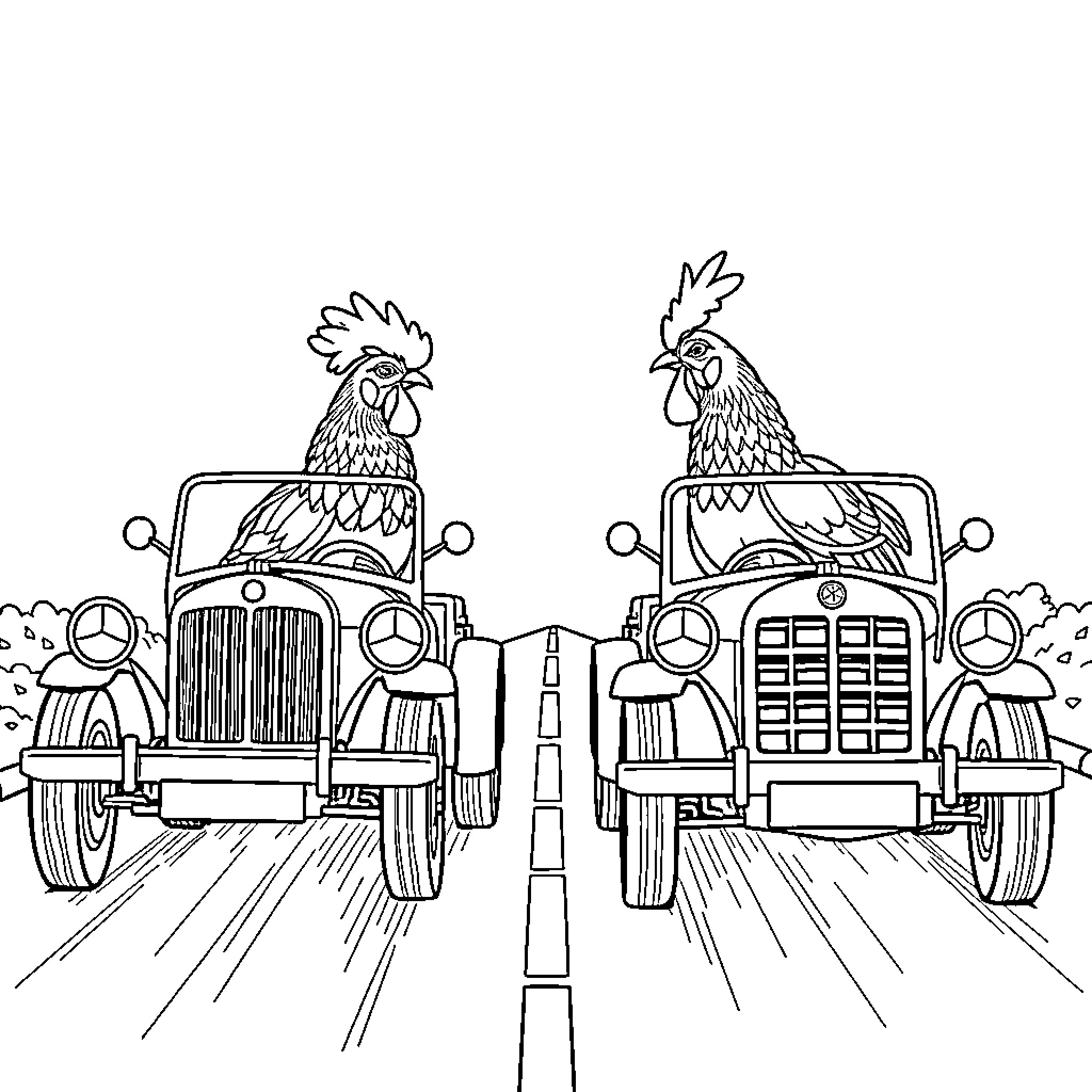 Car race between two rooster drivers Coloring Page (free black-and-white line drawing printable PDF for all, from beginners to advanced learners, including children, teens, adults, and seniors)