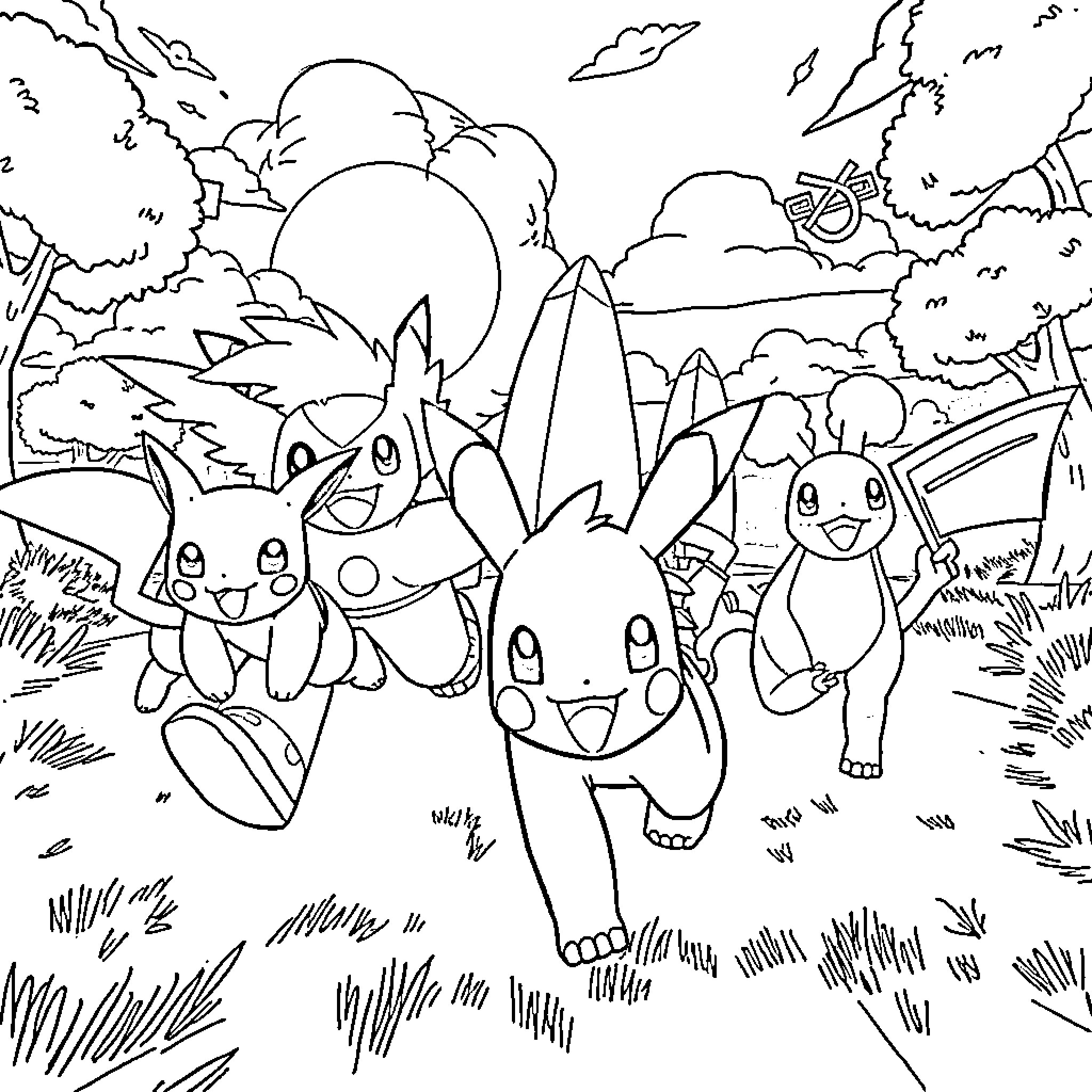 Pokémon characters exploring in nature Coloring Page (free black-and-white line drawing printable PDF for all, from beginners to advanced learners, including children, teens, adults, and seniors)