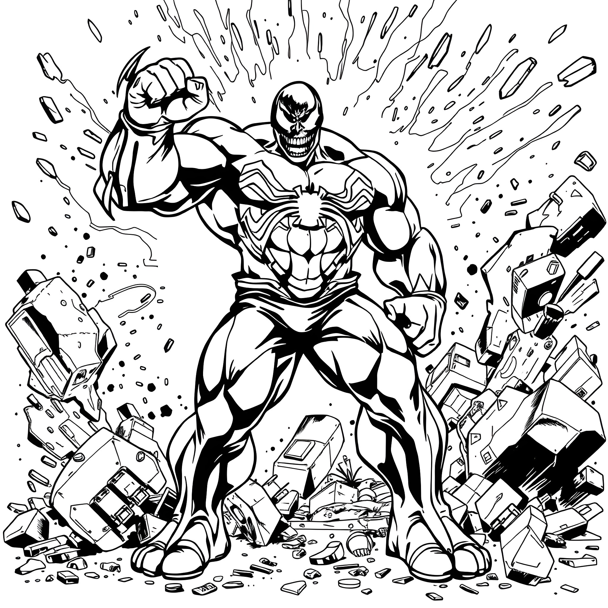 Venom Hulk Destroys the City with Monstrous Rage Coloring Page (free black-and-white line drawing printable PDF for all, from beginners to advanced learners, including children, teens, adults, and seniors)