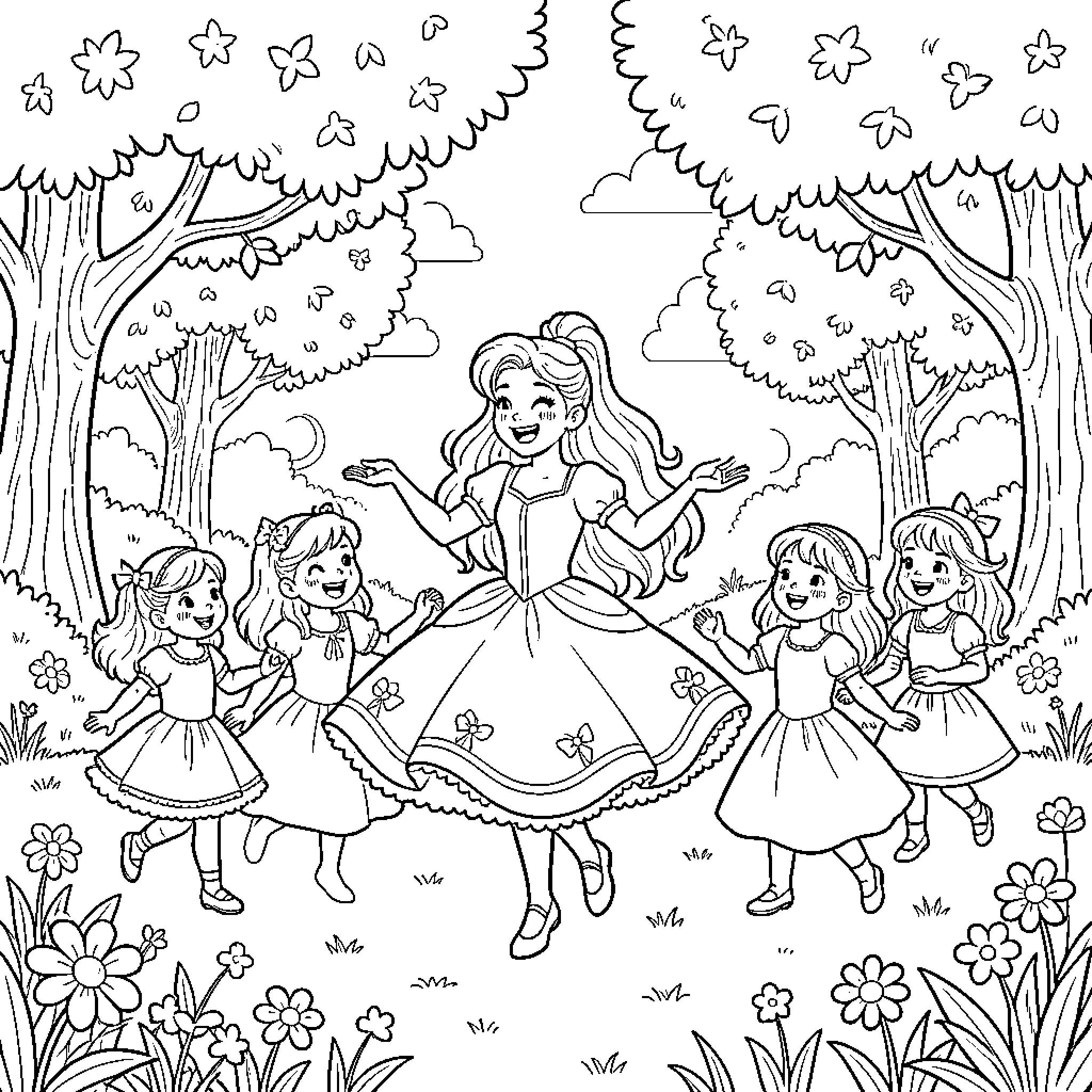 Raiponce dancing joyfully with little friends in a forest Coloring Page (free black-and-white line drawing printable PDF for all, from beginners to advanced learners, including children, teens, adults, and seniors)