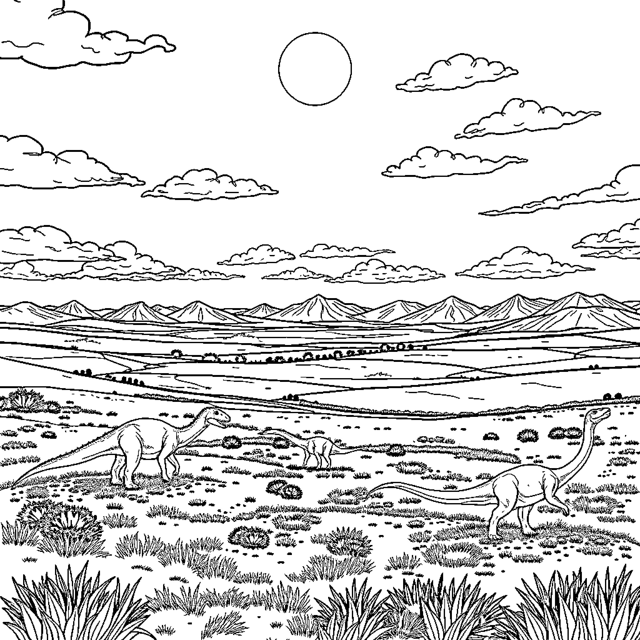 Dinosaurs roaming in a vast prehistoric landscape Coloring Page (free black-and-white line drawing printable PDF for all, from beginners to advanced learners, including children, teens, adults, and seniors)