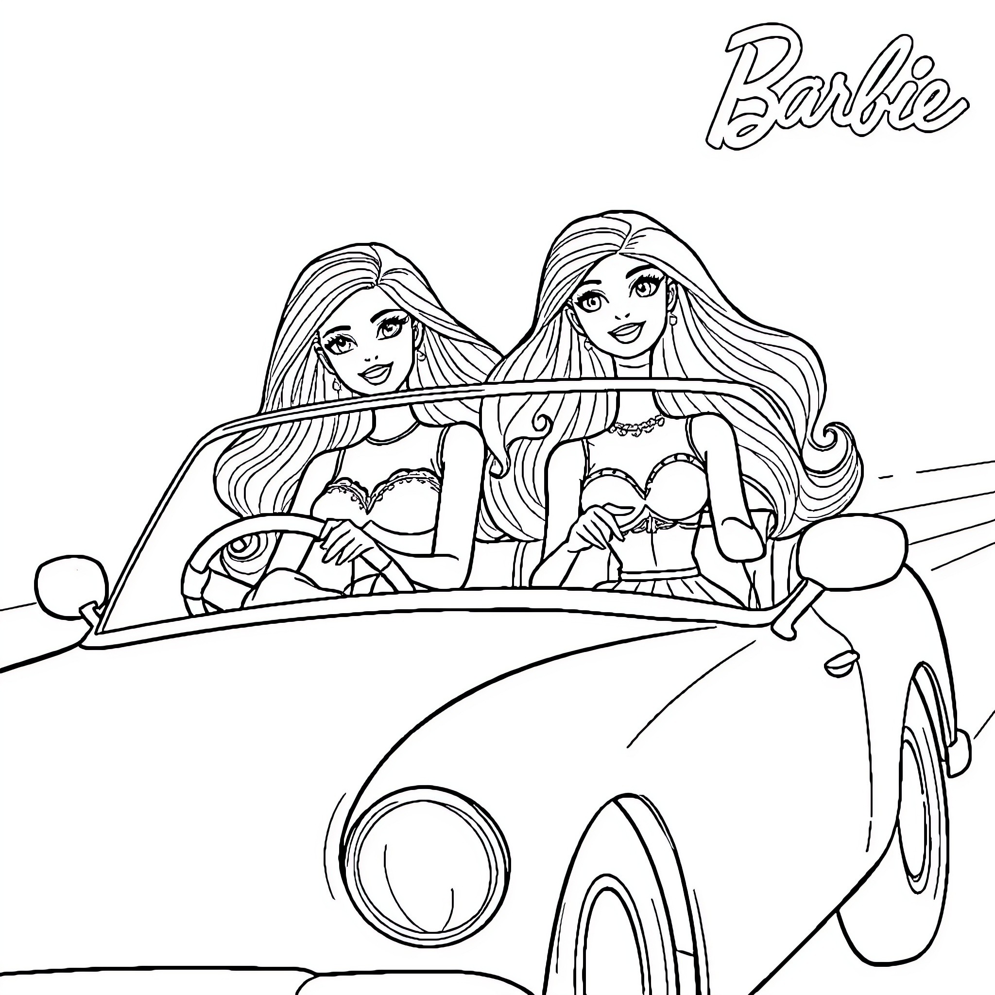Barbie friends enjoying a car ride together Coloring Page (free black-and-white line drawing printable PDF for all, from beginners to advanced learners, including children, teens, adults, and seniors)