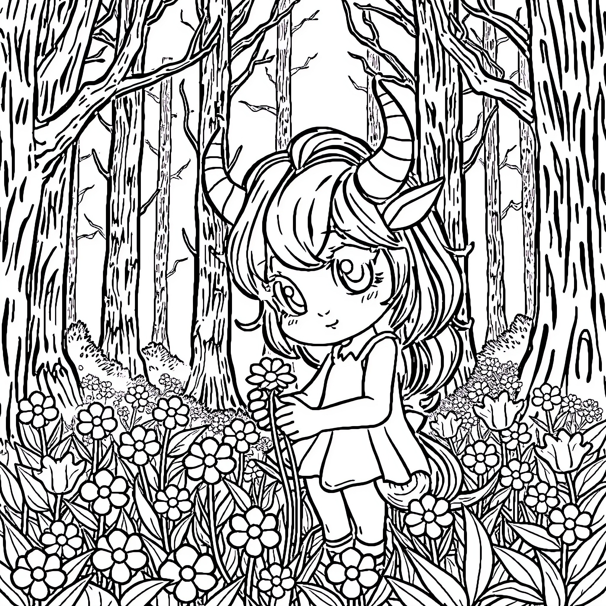 Minotaur wandering through the enchanted forest Coloring Page (free black-and-white line drawing printable PDF for all, from beginners to advanced learners, including children, teens, adults, and seniors)