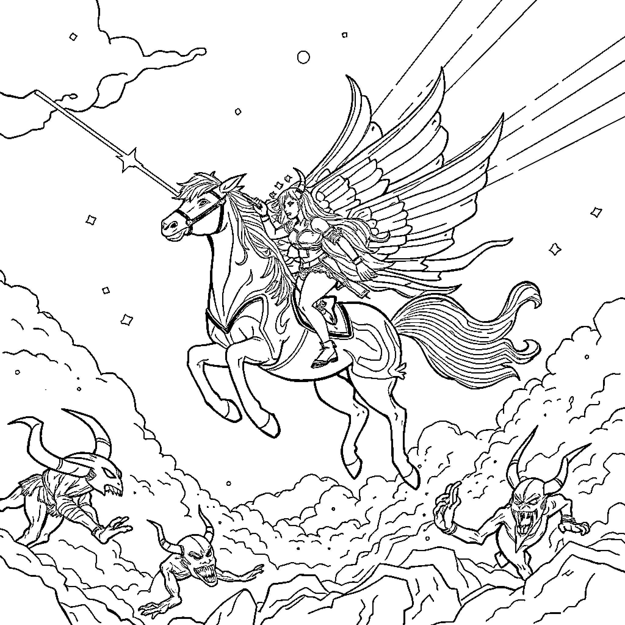 Singer riding a majestic winged horse in the sky Coloring Page (free black-and-white line drawing printable PDF for all, from beginners to advanced learners, including children, teens, adults, and seniors)