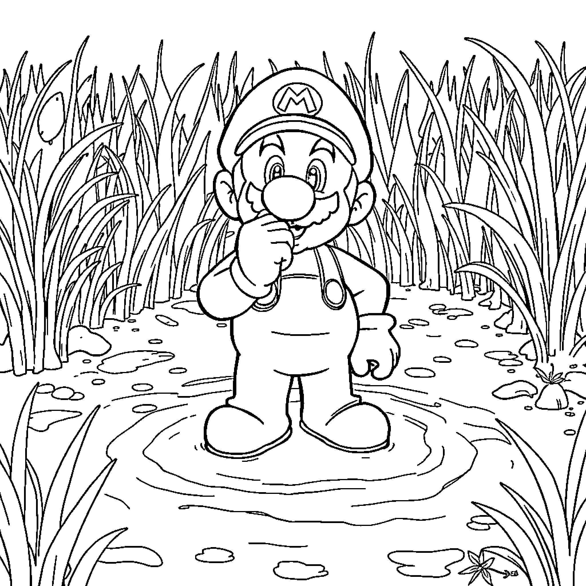 Mario exploring the lush forest landscape Coloring Page (free black-and-white line drawing printable PDF for all, from beginners to advanced learners, including children, teens, adults, and seniors)