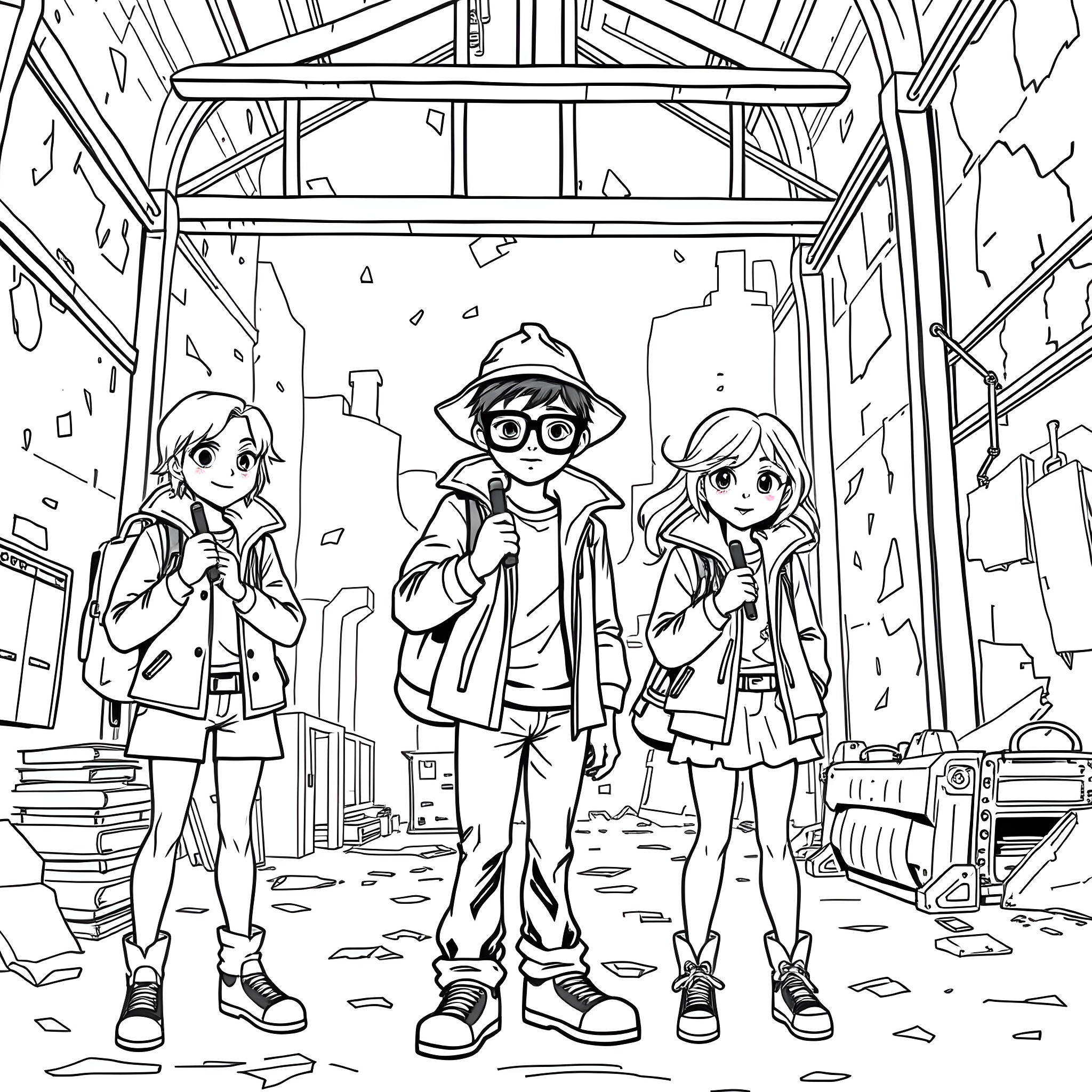 Detective trio exploring the abandoned warehouse Coloring Page (free black-and-white line drawing printable PDF for all, from beginners to advanced learners, including children, teens, adults, and seniors)