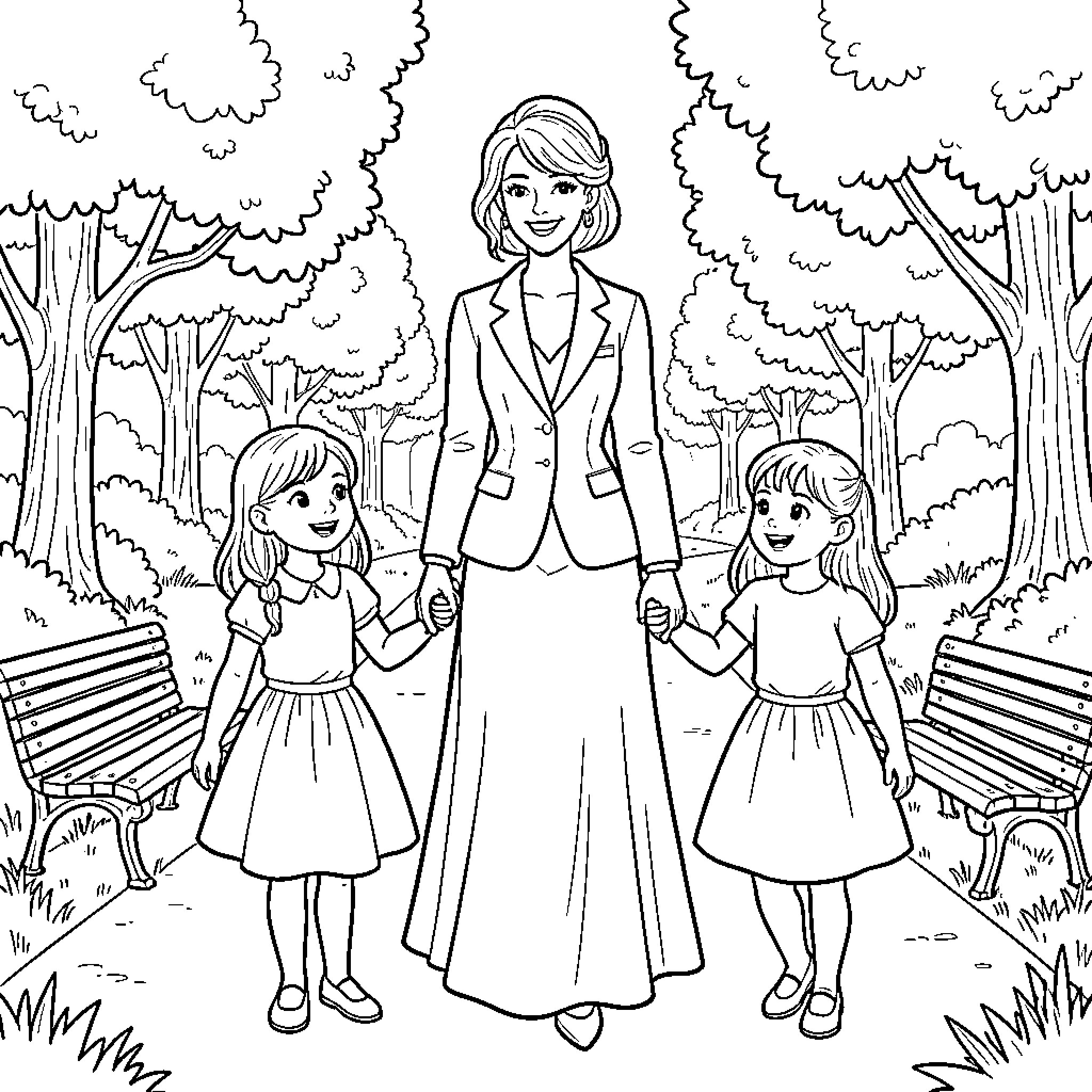 Woman walking and holding hands with two girls Coloring Page (free black-and-white line drawing printable PDF for all, from beginners to advanced learners, including children, teens, adults, and seniors)