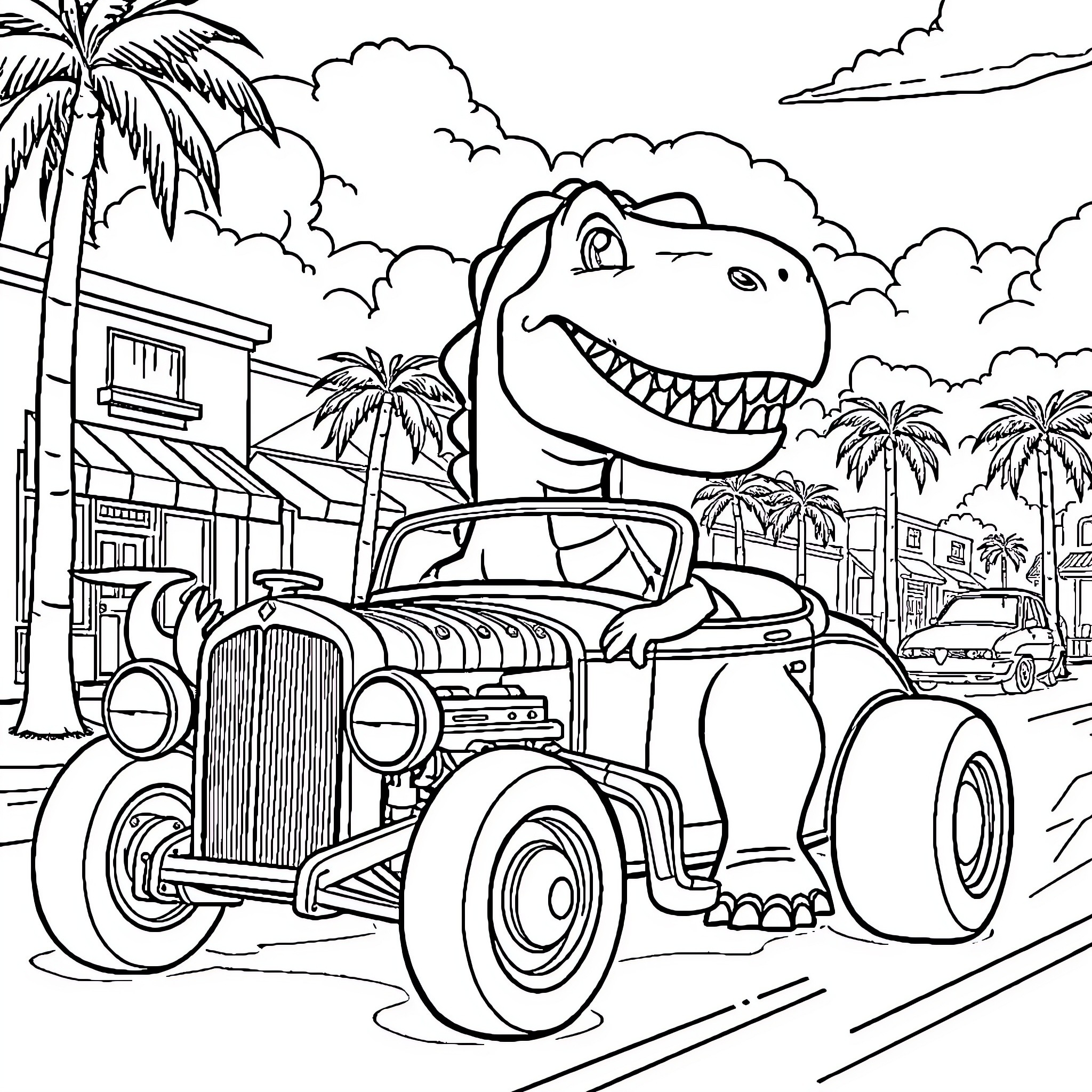 Dinosaur driving a vintage car in tropical city Coloring Page (free black-and-white line drawing printable PDF for all, from beginners to advanced learners, including children, teens, adults, and seniors)