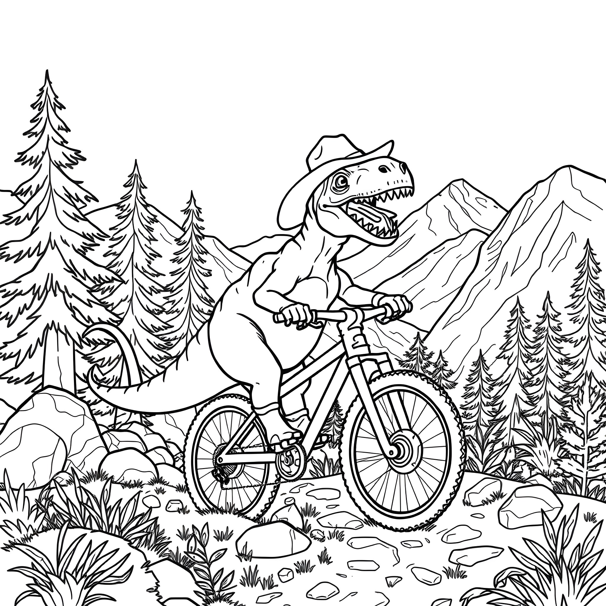 Dinosaur on a bicycle in the forest Coloring Page (free black-and-white line drawing printable PDF for all, from beginners to advanced learners, including children, teens, adults, and seniors)