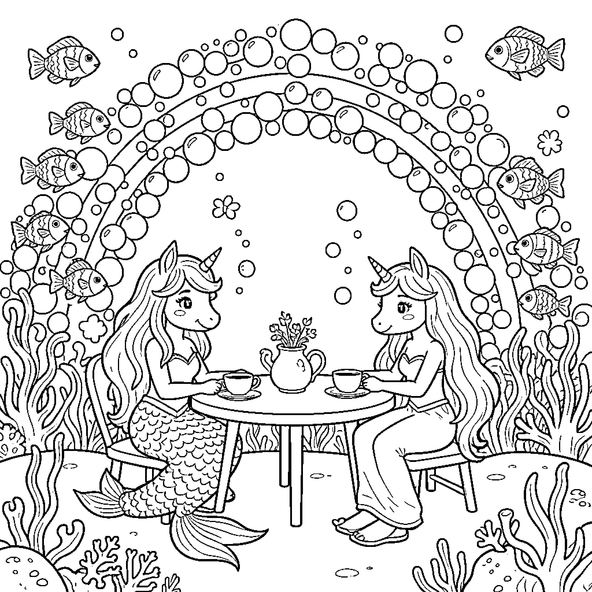 Mermaid friends enjoying tea time under a bubble rainbow Coloring Page (free black-and-white line drawing printable PDF for all, from beginners to advanced learners, including children, teens, adults, and seniors)