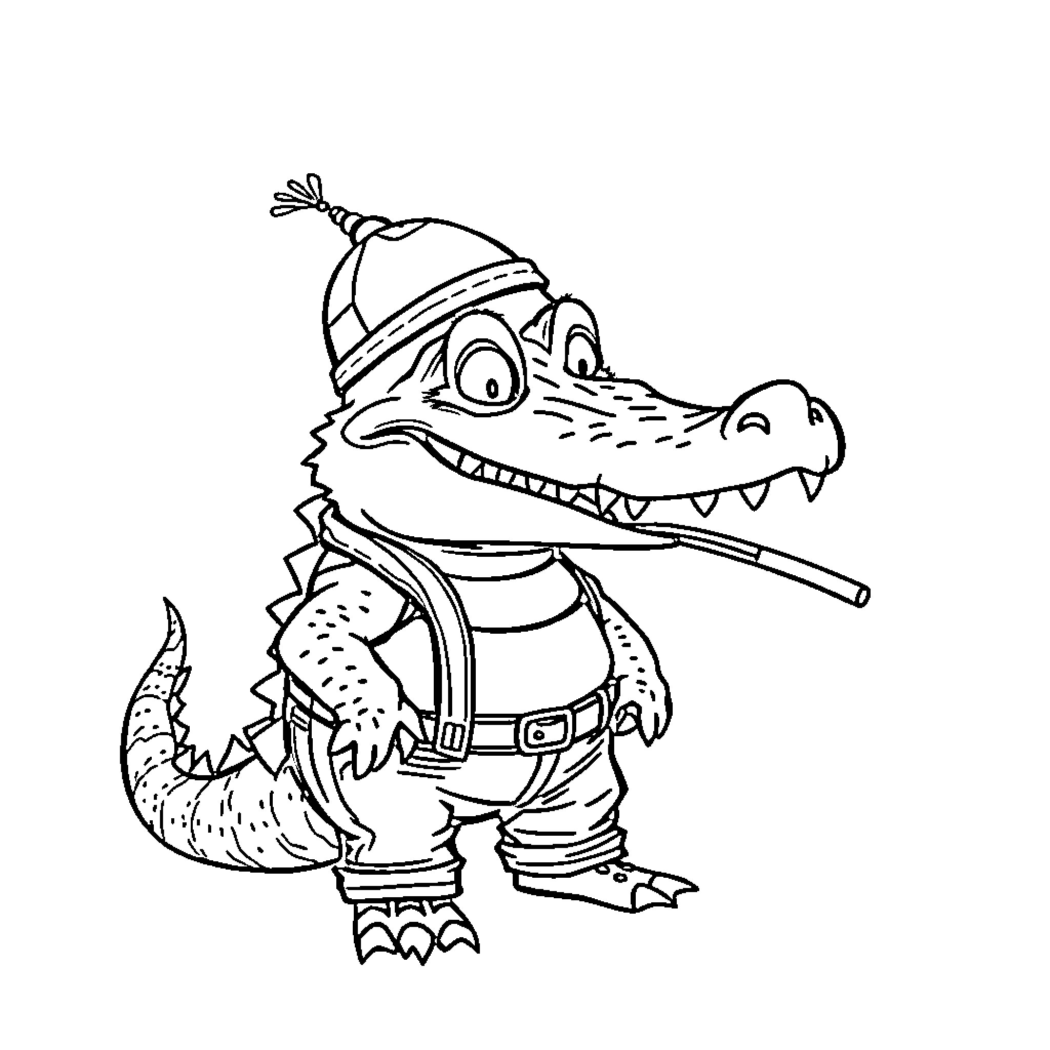 Alligator wearing a winter hat and scarf Coloring Page (free black-and-white line drawing printable PDF for all, from beginners to advanced learners, including children, teens, adults, and seniors)