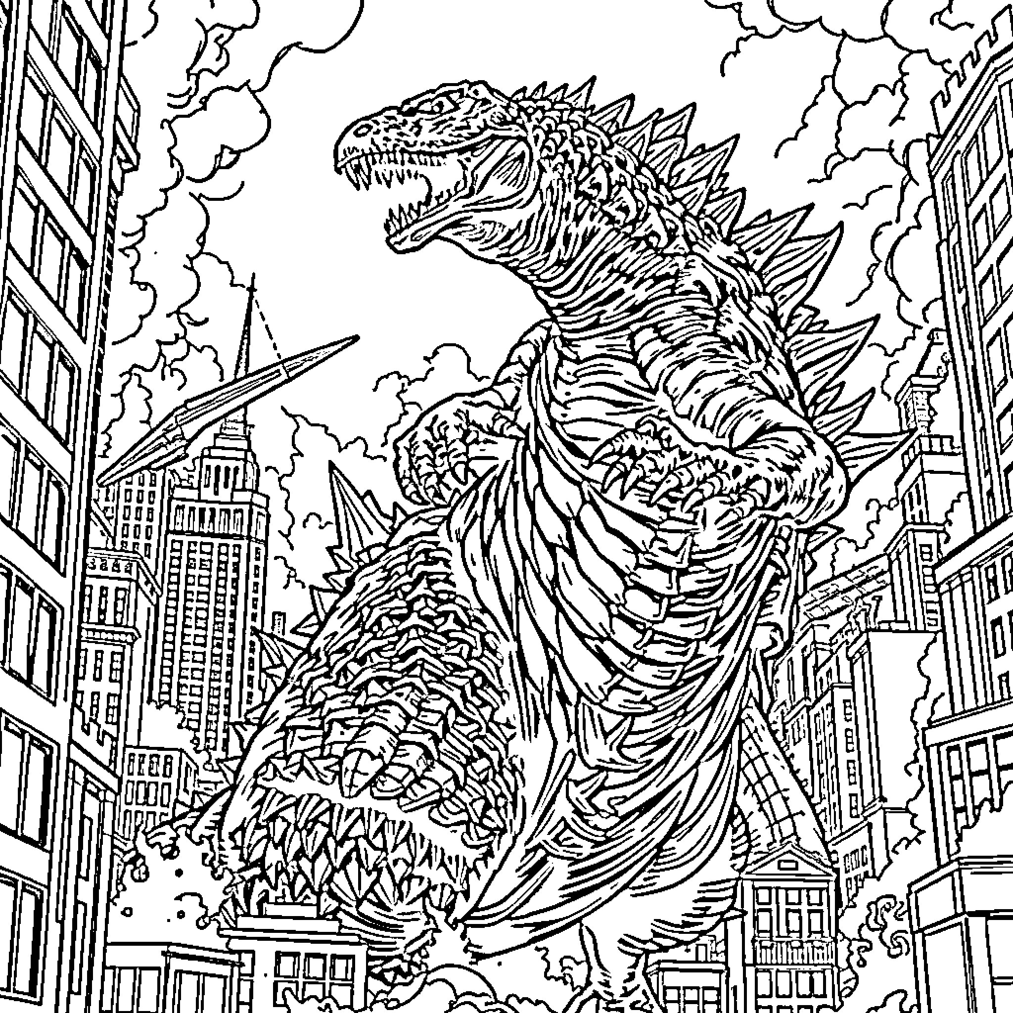 Godzilla rampaging through the city Coloring Page (free black-and-white line drawing printable PDF for all, from beginners to advanced learners, including children, teens, adults, and seniors)