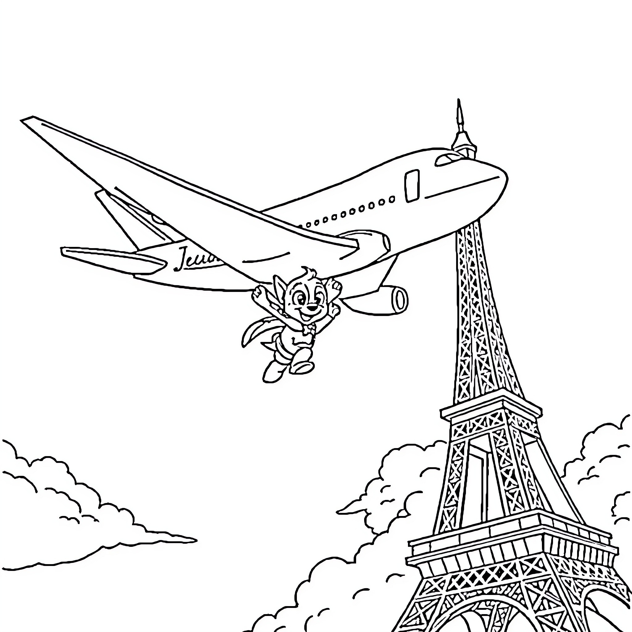 Bluey adventures in Paris with airplane Coloring Page (free black-and-white line drawing printable PDF for all, from beginners to advanced learners, including children, teens, adults, and seniors)