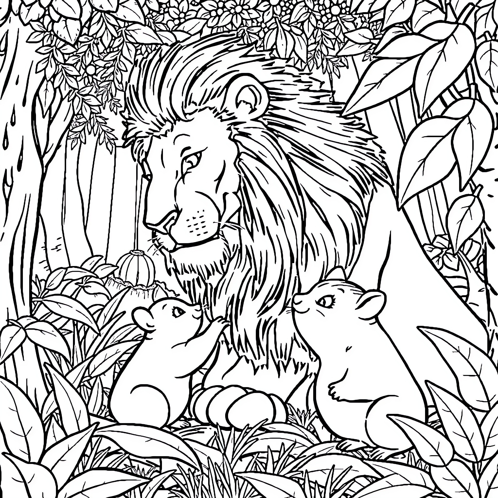 Lion protecting cubs in lush jungle Coloring Page (free black-and-white line drawing printable PDF for all, from beginners to advanced learners, including children, teens, adults, and seniors)
