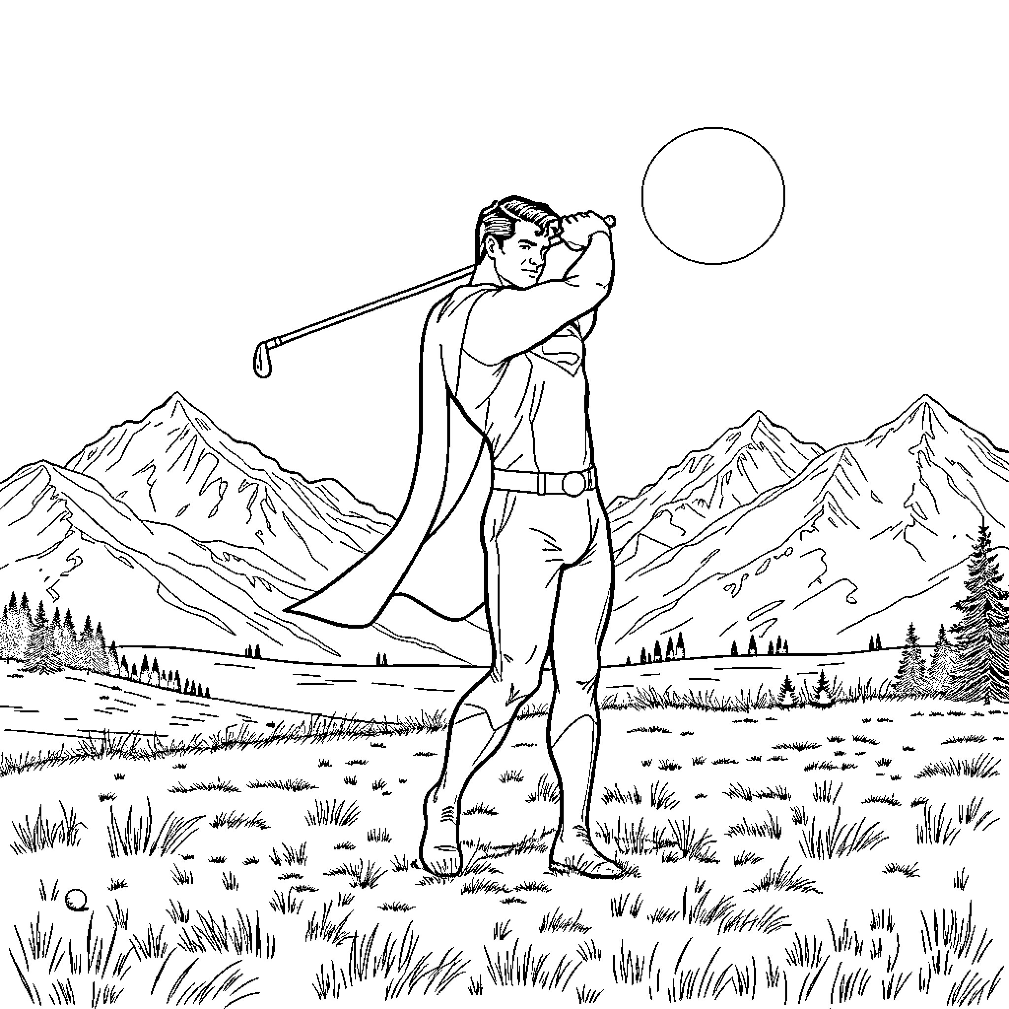 Superman golfing in the mountain landscape Coloring Page (free black-and-white line drawing printable PDF for all, from beginners to advanced learners, including children, teens, adults, and seniors)