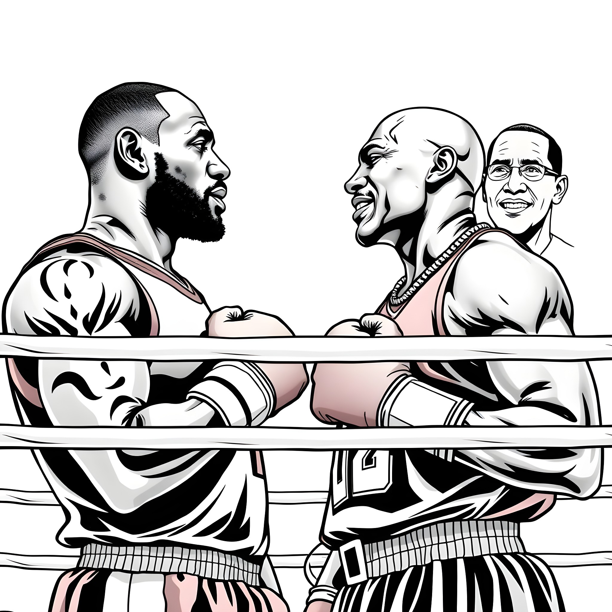 LeBron James and Muhammad Ali Boxers in the Ring Coloring Page (free black-and-white line drawing printable PDF for all, from beginners to advanced learners, including children, teens, adults, and seniors)