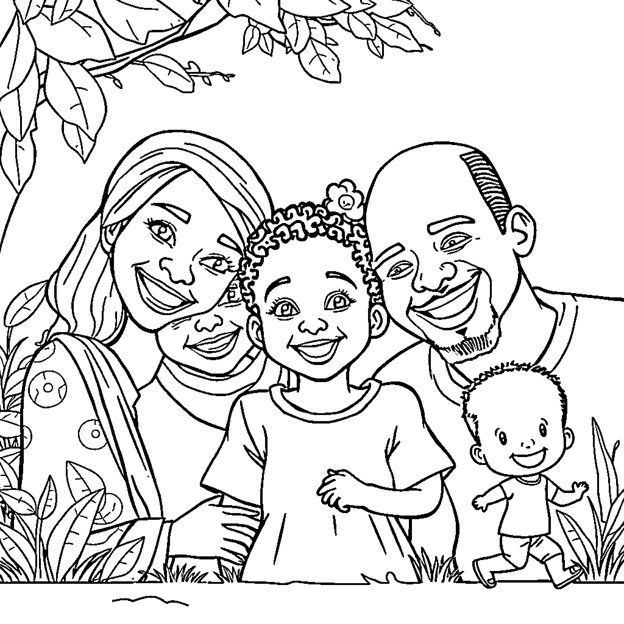Family portrait of a happy group Coloring Page (free black-and-white line drawing printable PDF for all, from beginners to advanced learners, including children, teens, adults, and seniors)