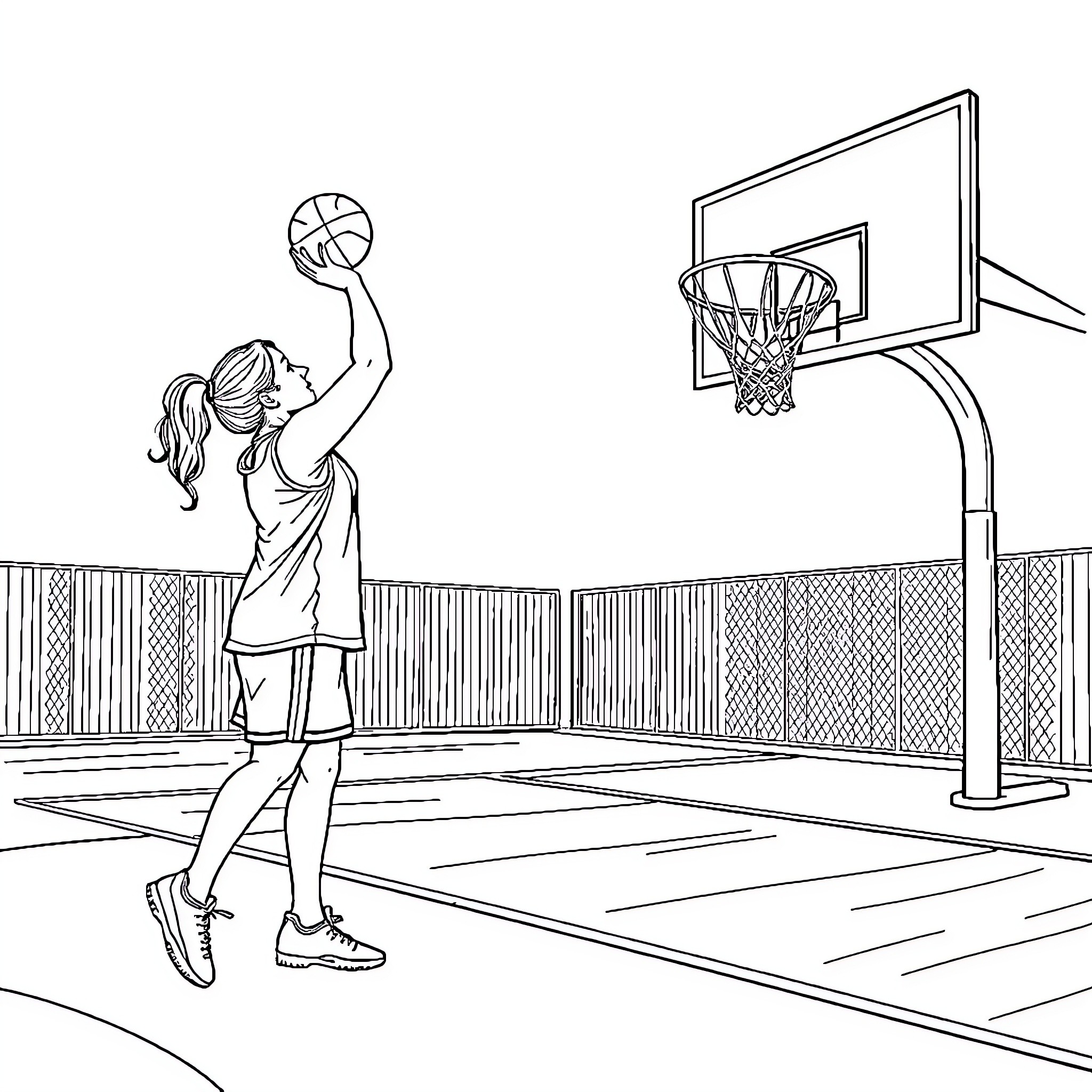 Ms Rachel enjoying an afternoon basketball game Coloring Page (free black-and-white line drawing printable PDF for all, from beginners to advanced learners, including children, teens, adults, and seniors)