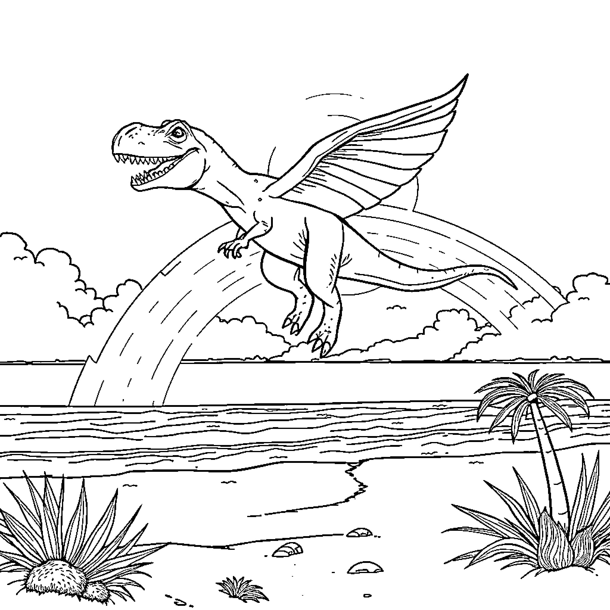 Dinosaur with wings flying over tropical ocean Coloring Page (free black-and-white line drawing printable PDF for all, from beginners to advanced learners, including children, teens, adults, and seniors)