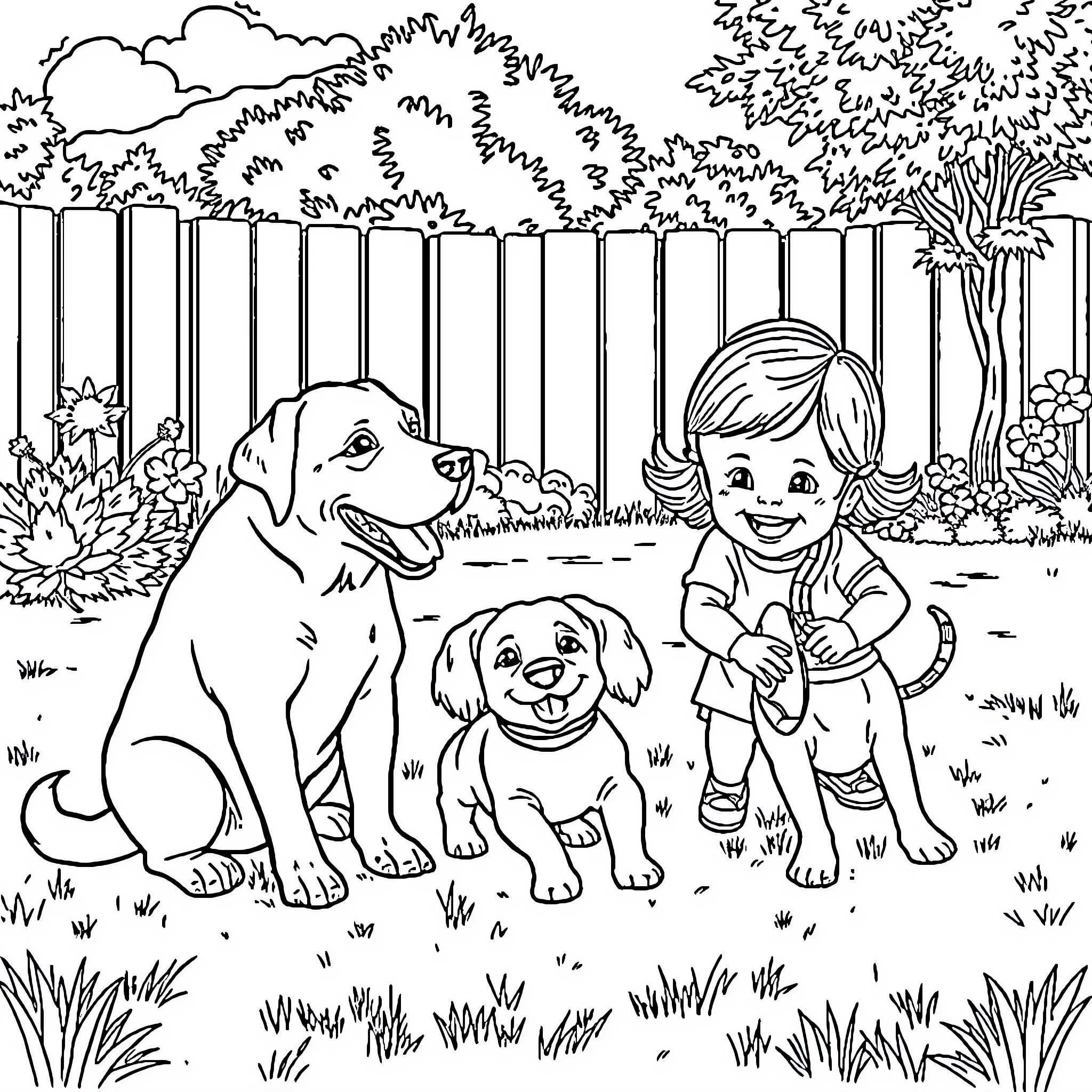 Dog and child playing joyfully in backyard Coloring Page (free black-and-white line drawing printable PDF for all, from beginners to advanced learners, including children, teens, adults, and seniors)