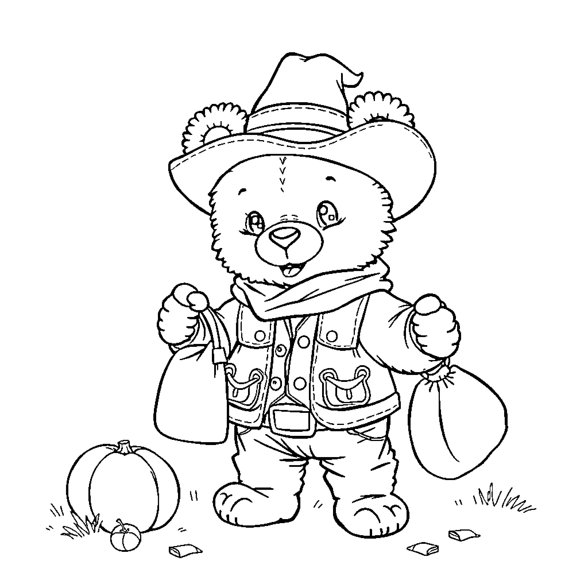 Teddy Bear in Cowboy Outfit and Holding Pumpkin Coloring Page (free black-and-white line drawing printable PDF for all, from beginners to advanced learners, including children, teens, adults, and seniors)