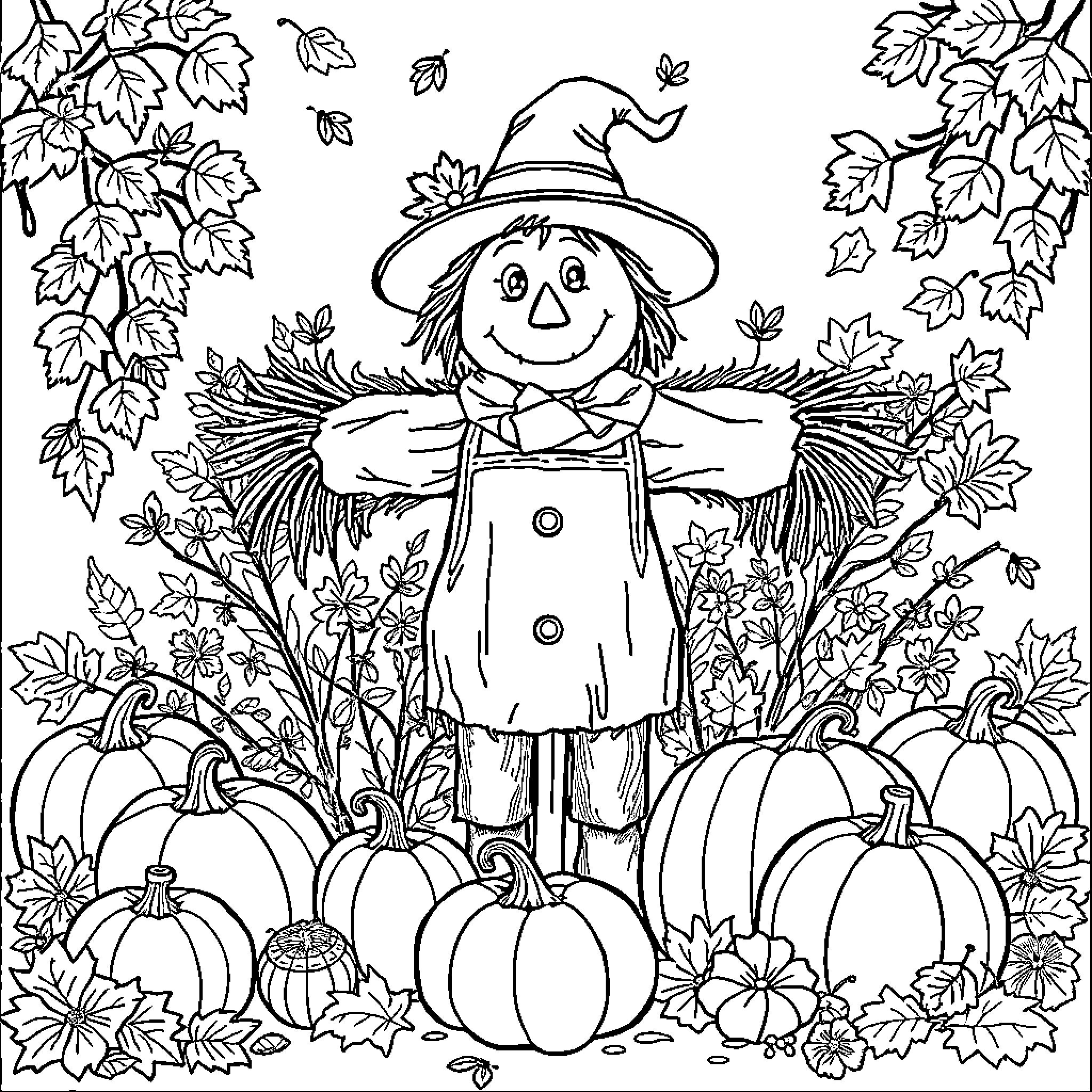 Scarecrow surrounded by autumn leaves and pumpkins Coloring Page (free black-and-white line drawing printable PDF for all, from beginners to advanced learners, including children, teens, adults, and seniors)