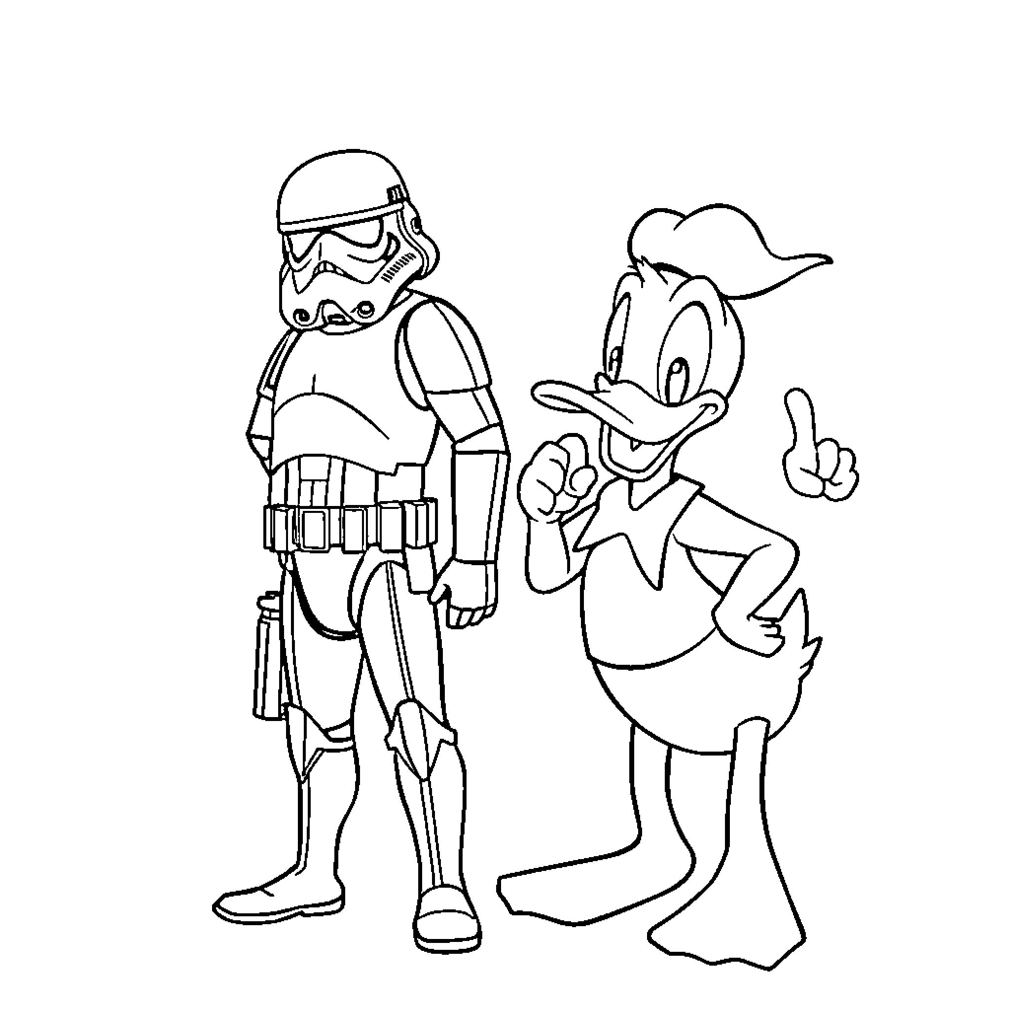 Stormtrooper and Disney character in conversation Coloring Page (free black-and-white line drawing printable PDF for all, from beginners to advanced learners, including children, teens, adults, and seniors)