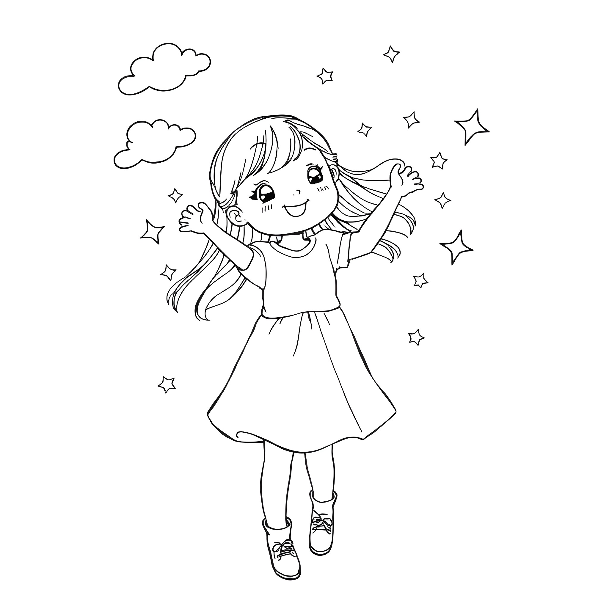Girl happily dancing under the stars Coloring Page (free black-and-white line drawing printable PDF for all, from beginners to advanced learners, including children, teens, adults, and seniors)