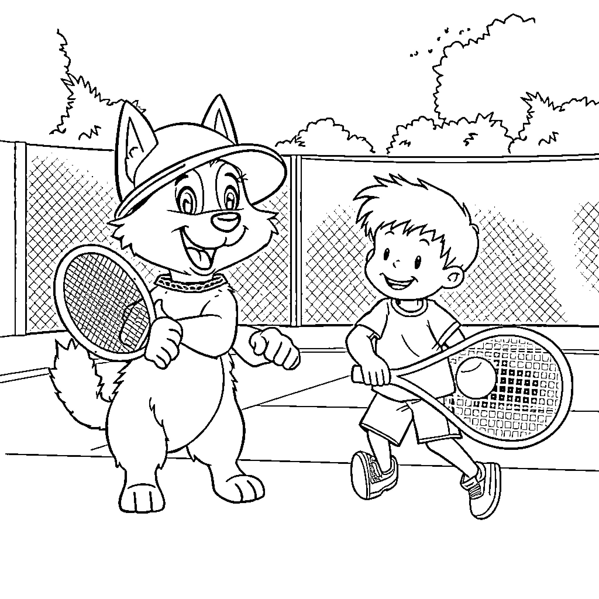 Phryge Playing Tennis with Boy at the Park Coloring Page (free black-and-white line drawing printable PDF for all, from beginners to advanced learners, including children, teens, adults, and seniors)