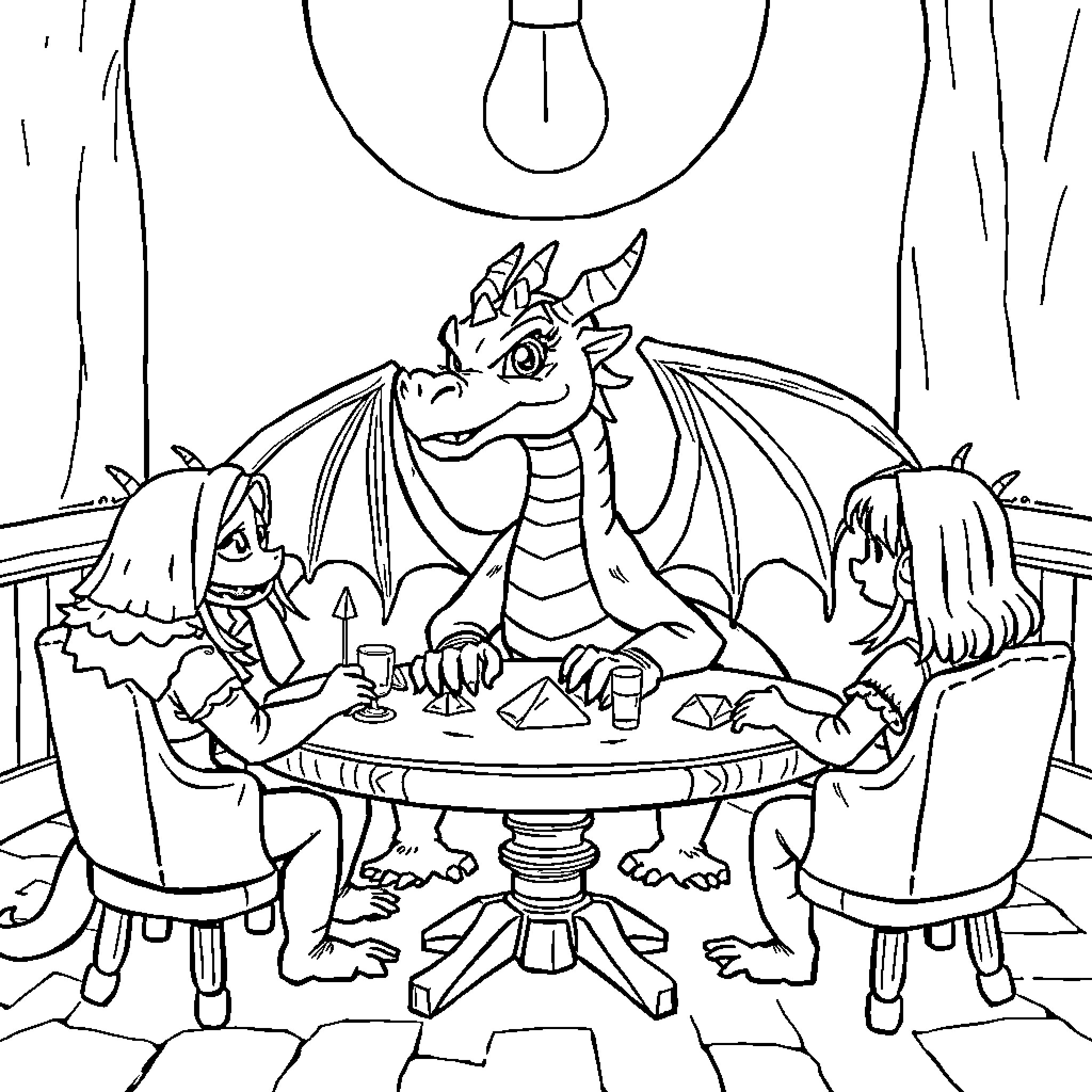 Dragon feasting with human companions in a cozy room Coloring Page (free black-and-white line drawing printable PDF for all, from beginners to advanced learners, including children, teens, adults, and seniors)