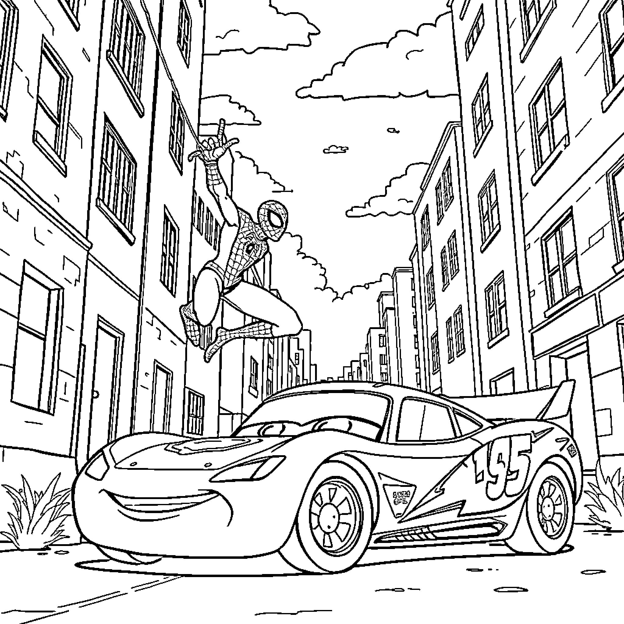 Spiderman swinging above a superhero car in the city Coloring Page (free black-and-white line drawing printable PDF for all, from beginners to advanced learners, including children, teens, adults, and seniors)