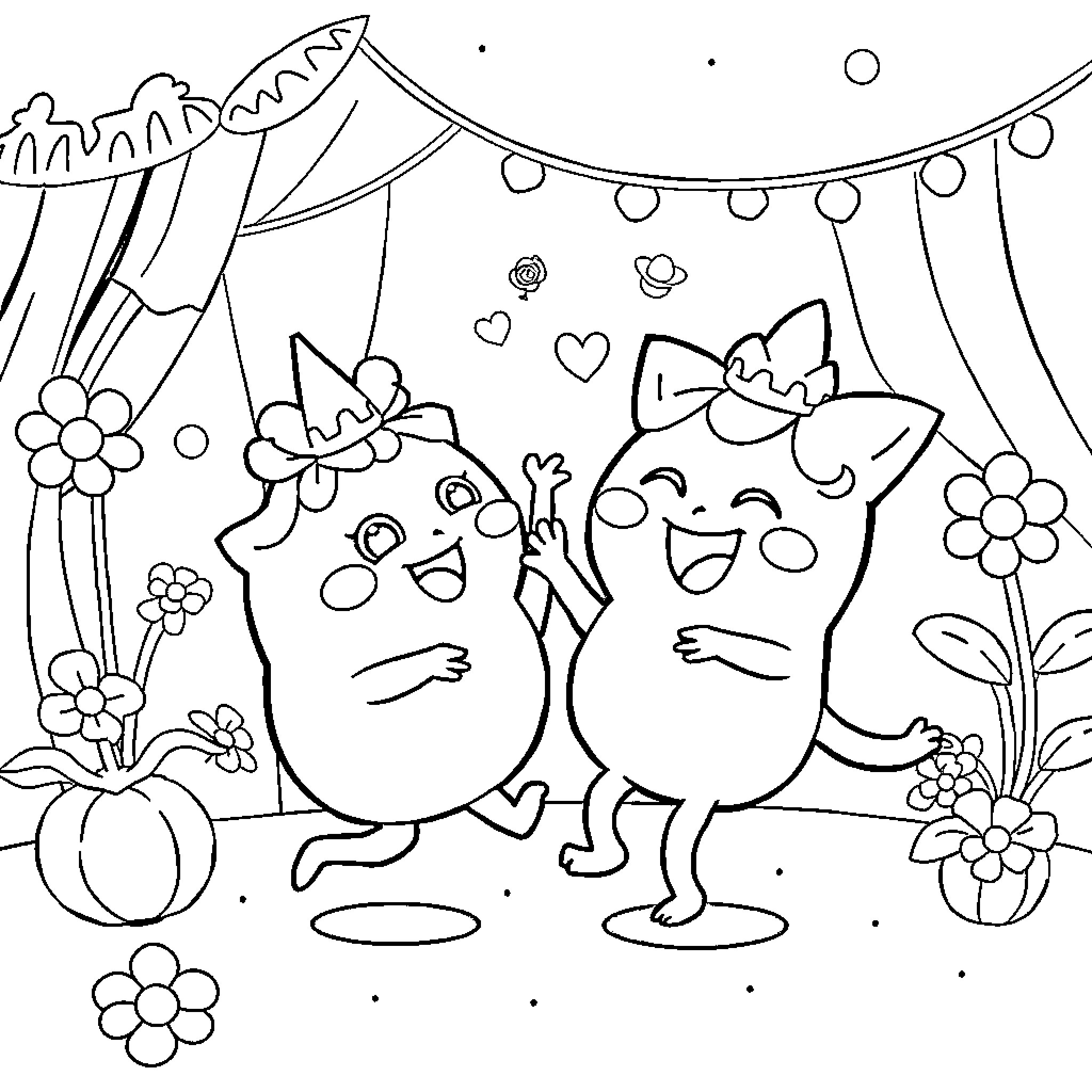 Cocomelon Characters Celebrating with Flowers and Balloons Coloring Page (free black-and-white line drawing printable PDF for all, from beginners to advanced learners, including children, teens, adults, and seniors)