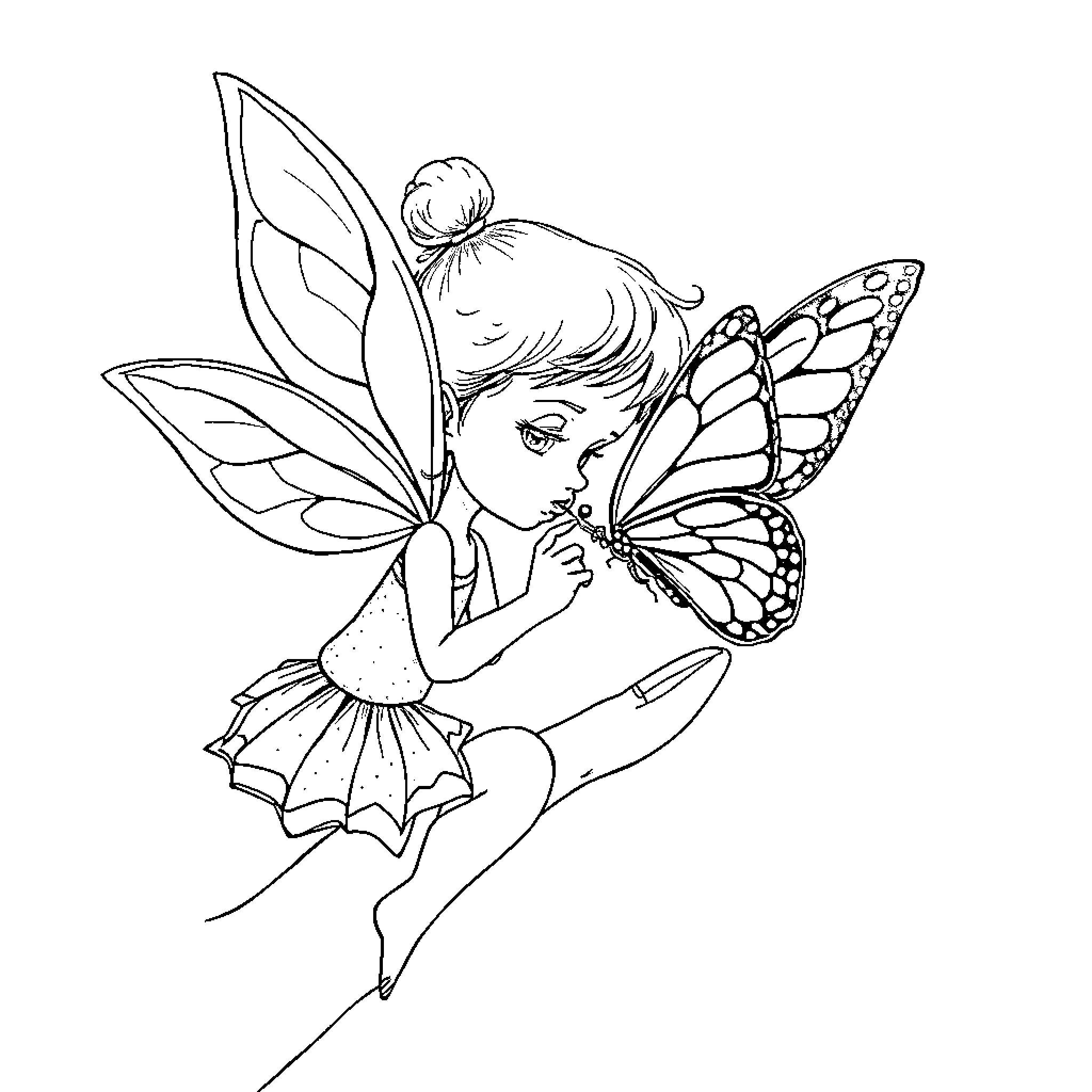 Fairy with butterfly wings in flight Coloring Page (free black-and-white line drawing printable PDF for all, from beginners to advanced learners, including children, teens, adults, and seniors)