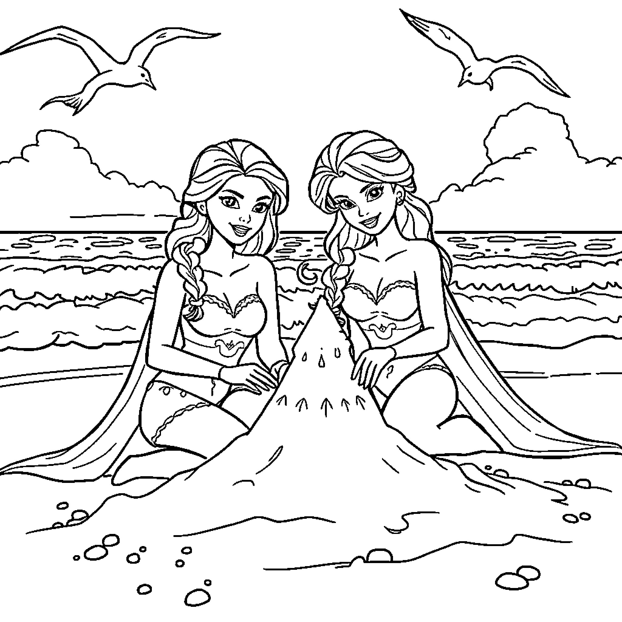 Barbie Mermaids Enjoying the Beach Coloring Page (free black-and-white line drawing printable PDF for all, from beginners to advanced learners, including children, teens, adults, and seniors)