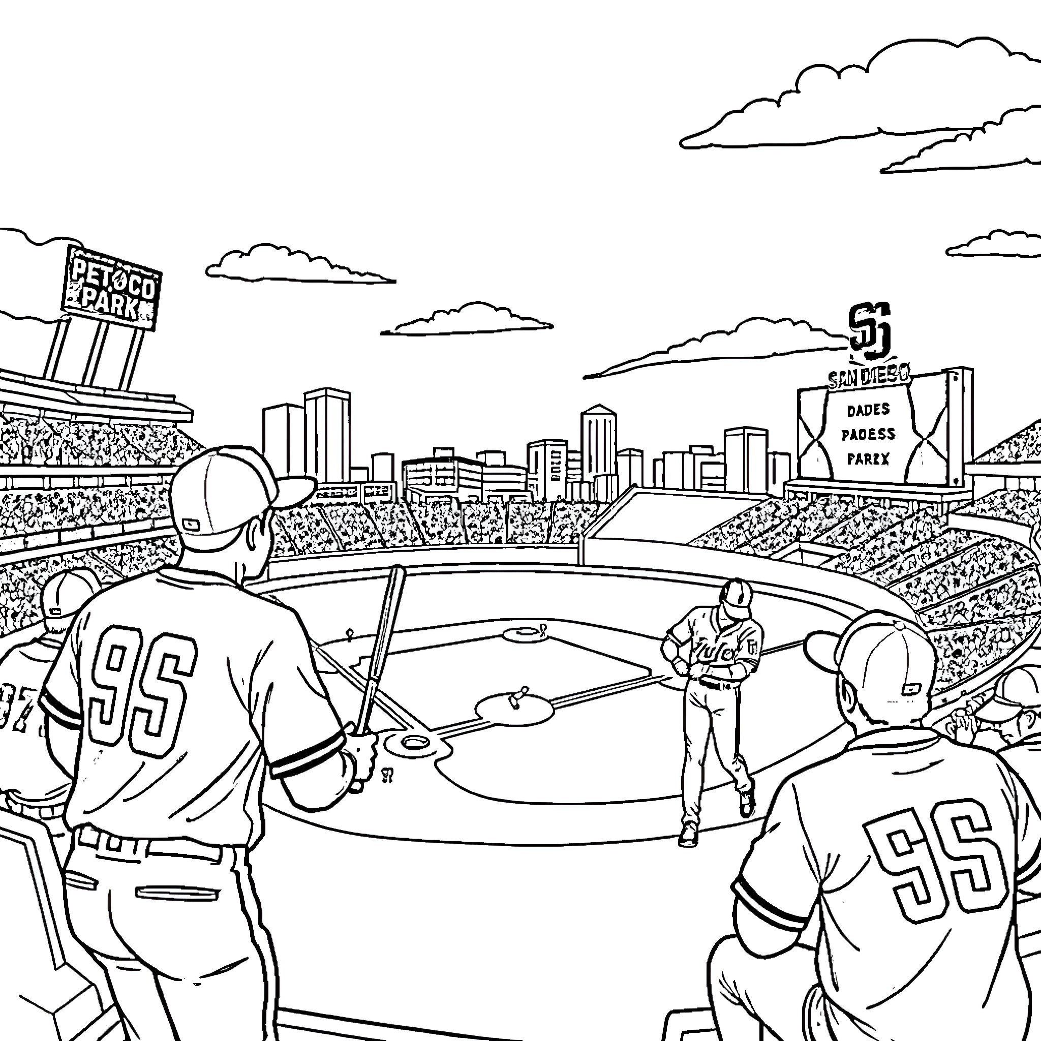 Padres players in action on the baseball field Coloring Page (free black-and-white line drawing printable PDF for all, from beginners to advanced learners, including children, teens, adults, and seniors)
