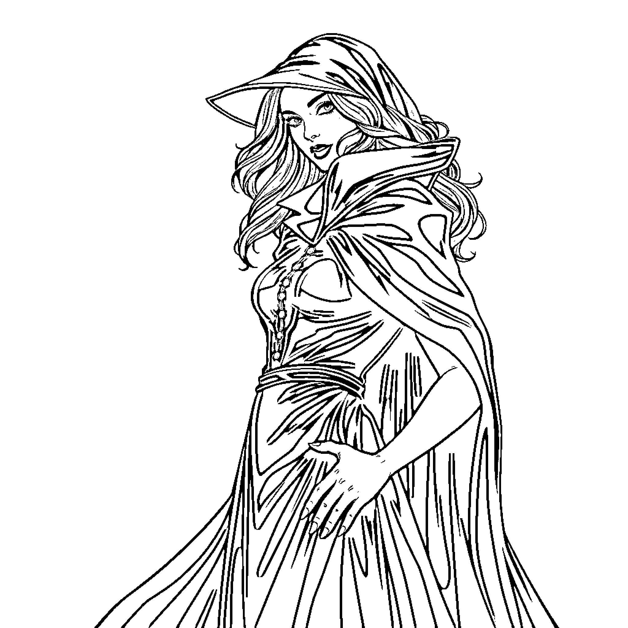 Wonder Woman in Heroic Pose with Flowing Cloak Coloring Page (free black-and-white line drawing printable PDF for all, from beginners to advanced learners, including children, teens, adults, and seniors)