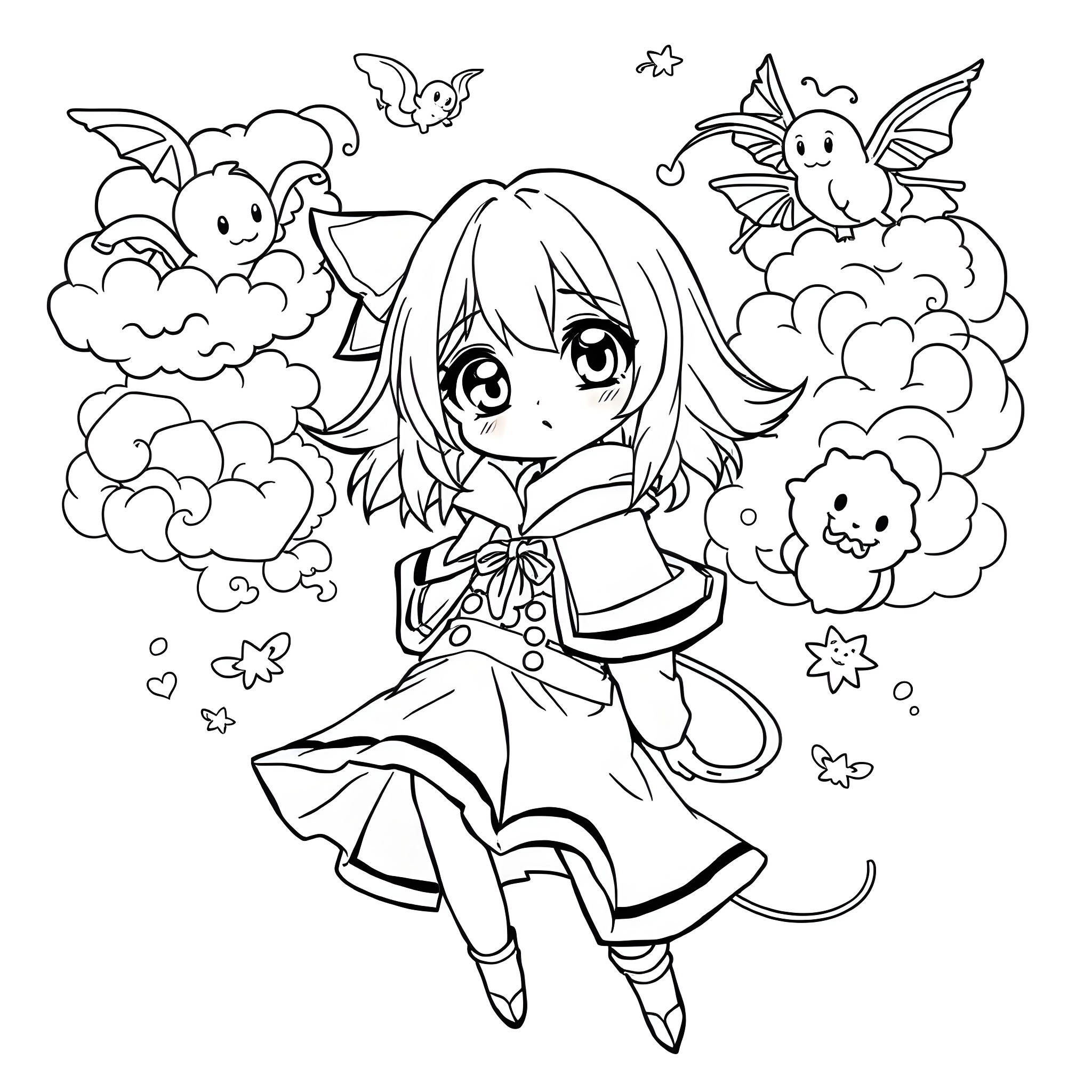 Anime Character in whimsical fantasy scene Coloring Page (free black-and-white line drawing printable PDF for all, from beginners to advanced learners, including children, teens, adults, and seniors)