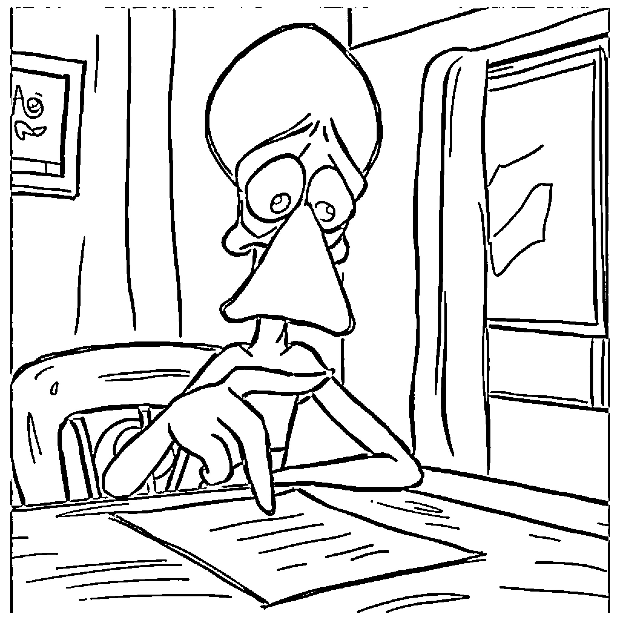 Squidward contemplating his life choices Coloring Page (free black-and-white line drawing printable PDF for all, from beginners to advanced learners, including children, teens, adults, and seniors)