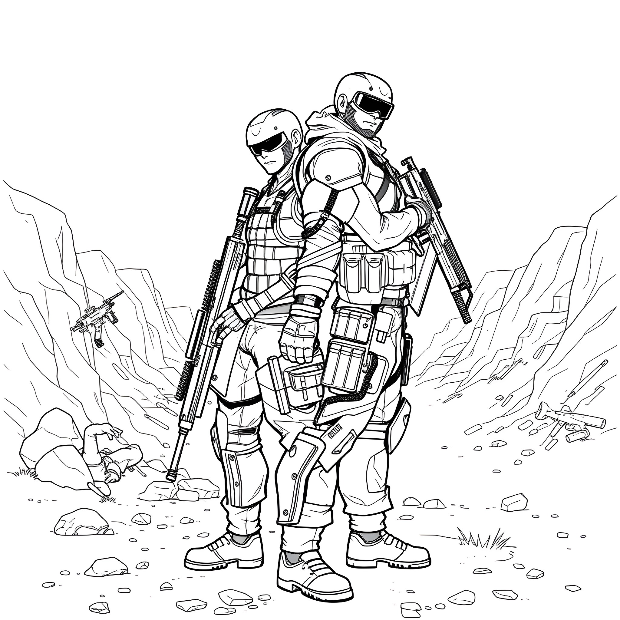 Snake Rangers on dangerous mission Coloring Page (free black-and-white line drawing printable PDF for all, from beginners to advanced learners, including children, teens, adults, and seniors)