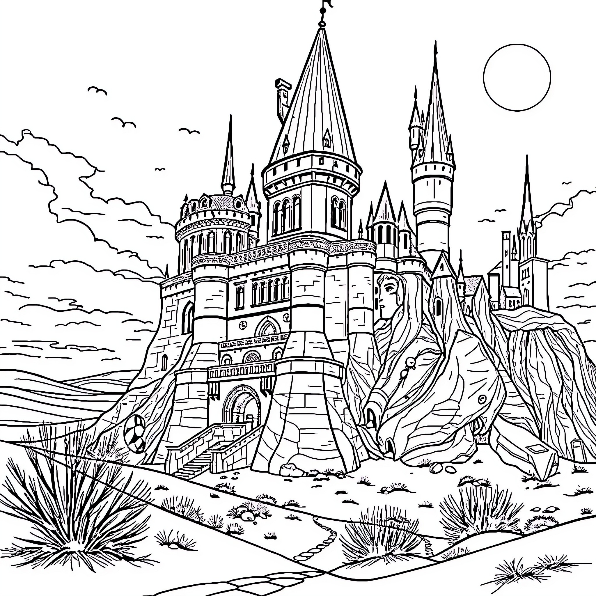 Château of majestic towers and spires by the sea Coloring Page (free black-and-white line drawing printable PDF for all, from beginners to advanced learners, including children, teens, adults, and seniors)