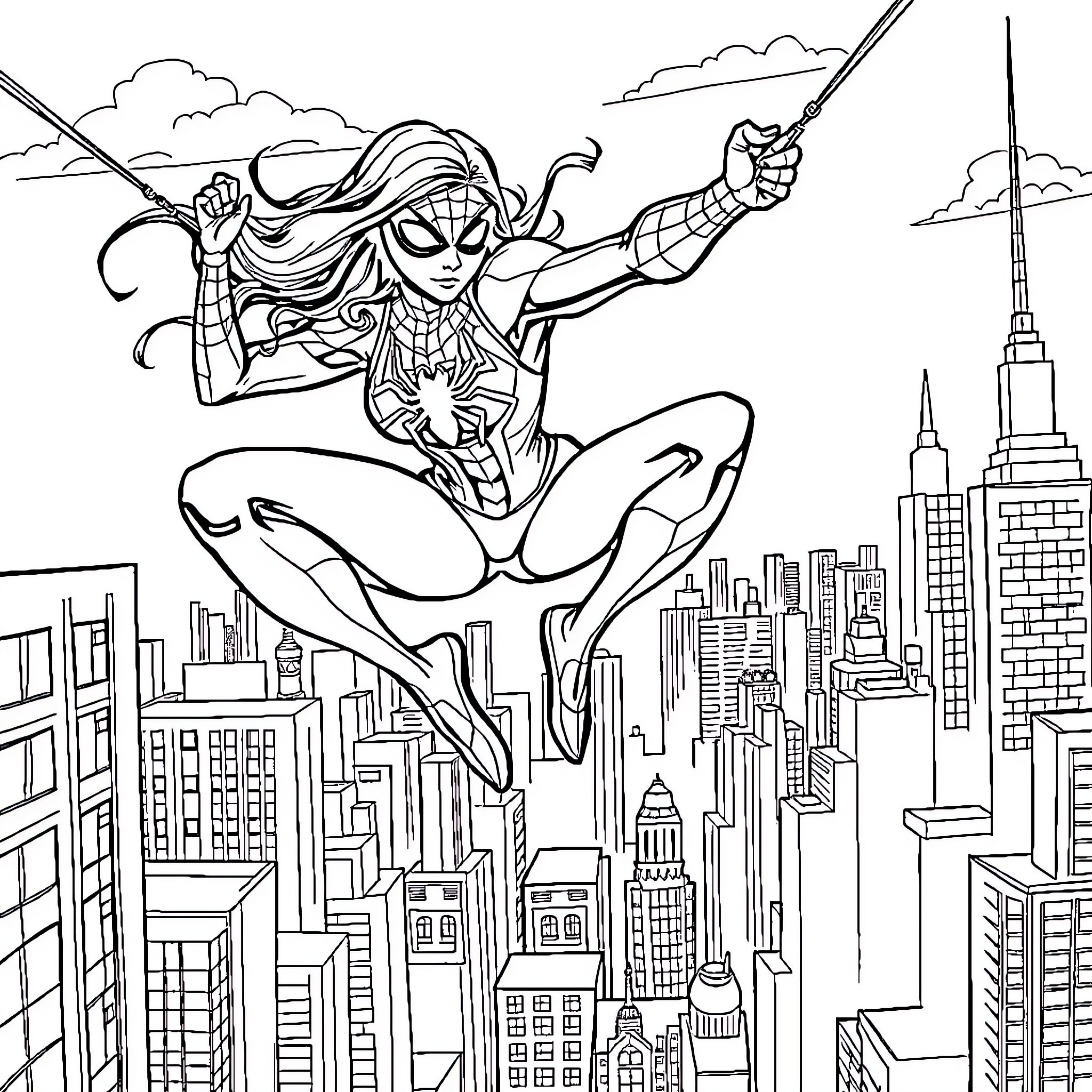 Spiderwoman swinging through the cityscape with agility and power Coloring Page (free black-and-white line drawing printable PDF for all, from beginners to advanced learners, including children, teens, adults, and seniors)