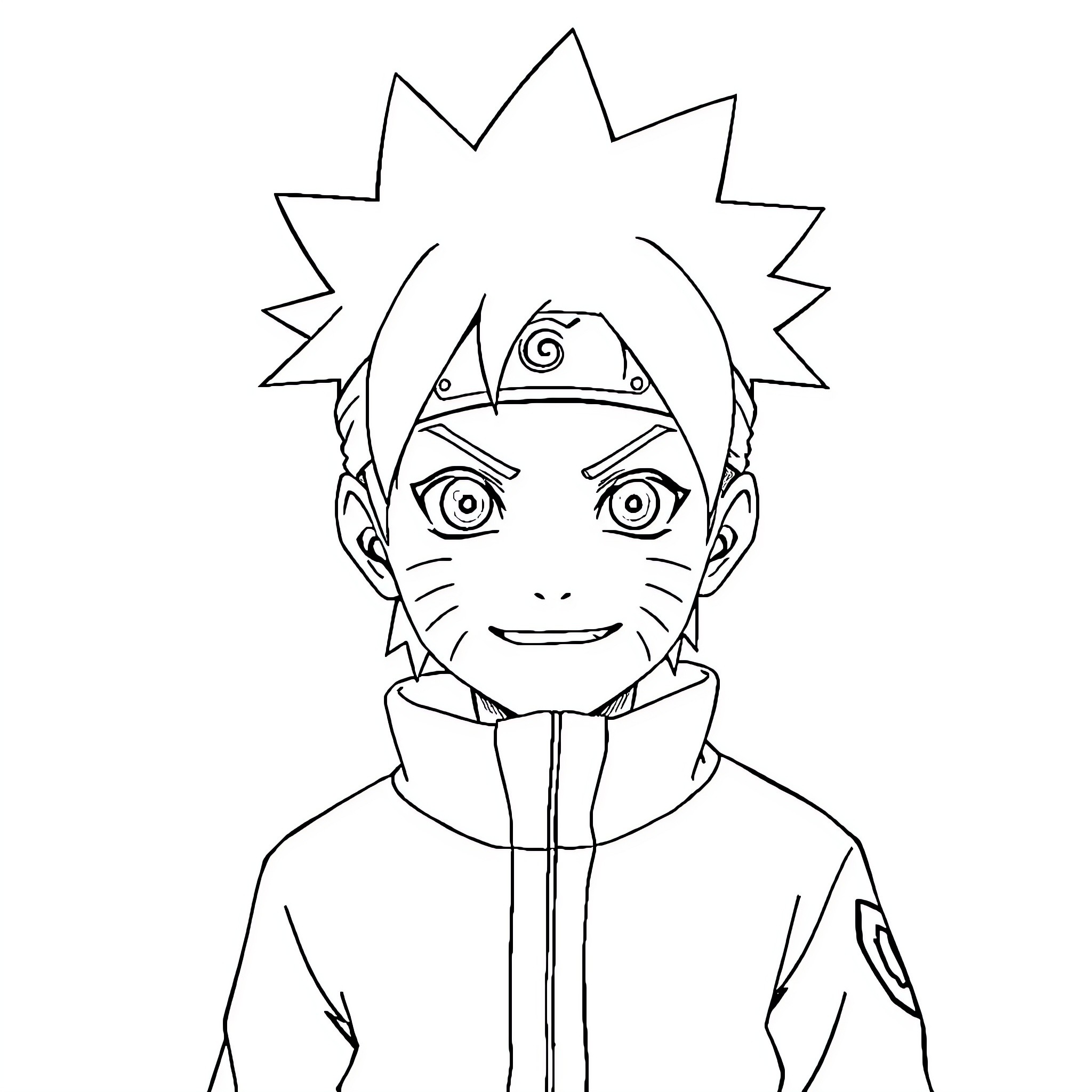Naruto Uzumaki smiling confidently in ninja outfit Coloring Page (free black-and-white line drawing printable PDF for all, from beginners to advanced learners, including children, teens, adults, and seniors)