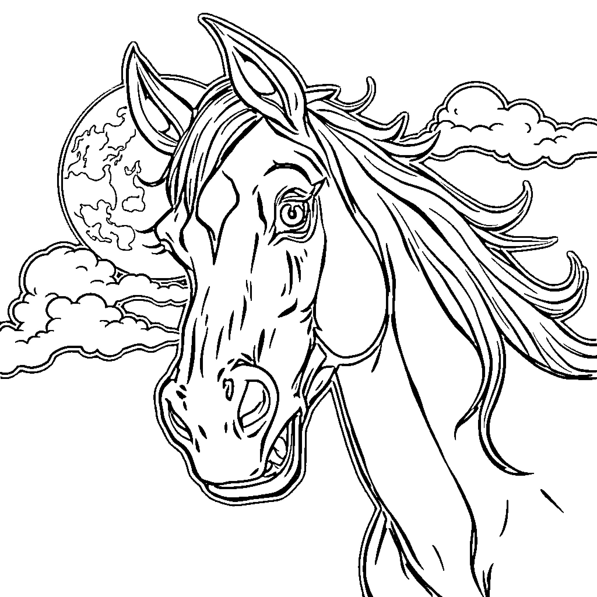 Horse with Flowing Mane in Cloudy Skies Coloring Page (free black-and-white line drawing printable PDF for all, from beginners to advanced learners, including children, teens, adults, and seniors)