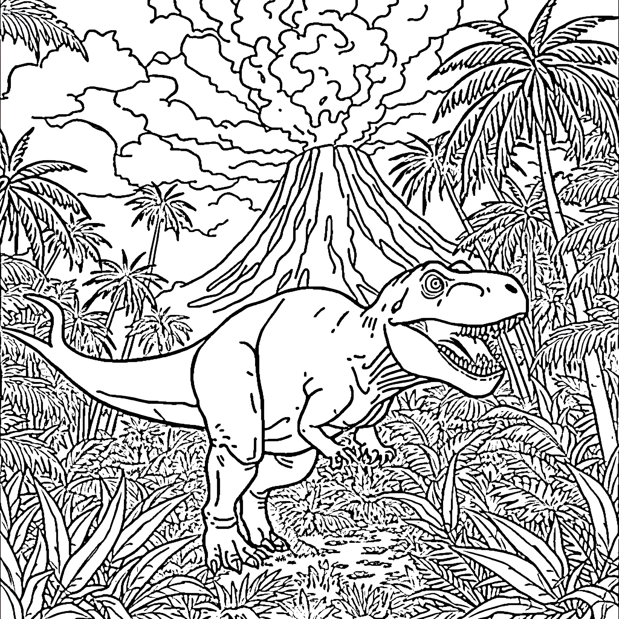T-Rex stomping through the prehistoric jungle Coloring Page (free black-and-white line drawing printable PDF for all, from beginners to advanced learners, including children, teens, adults, and seniors)