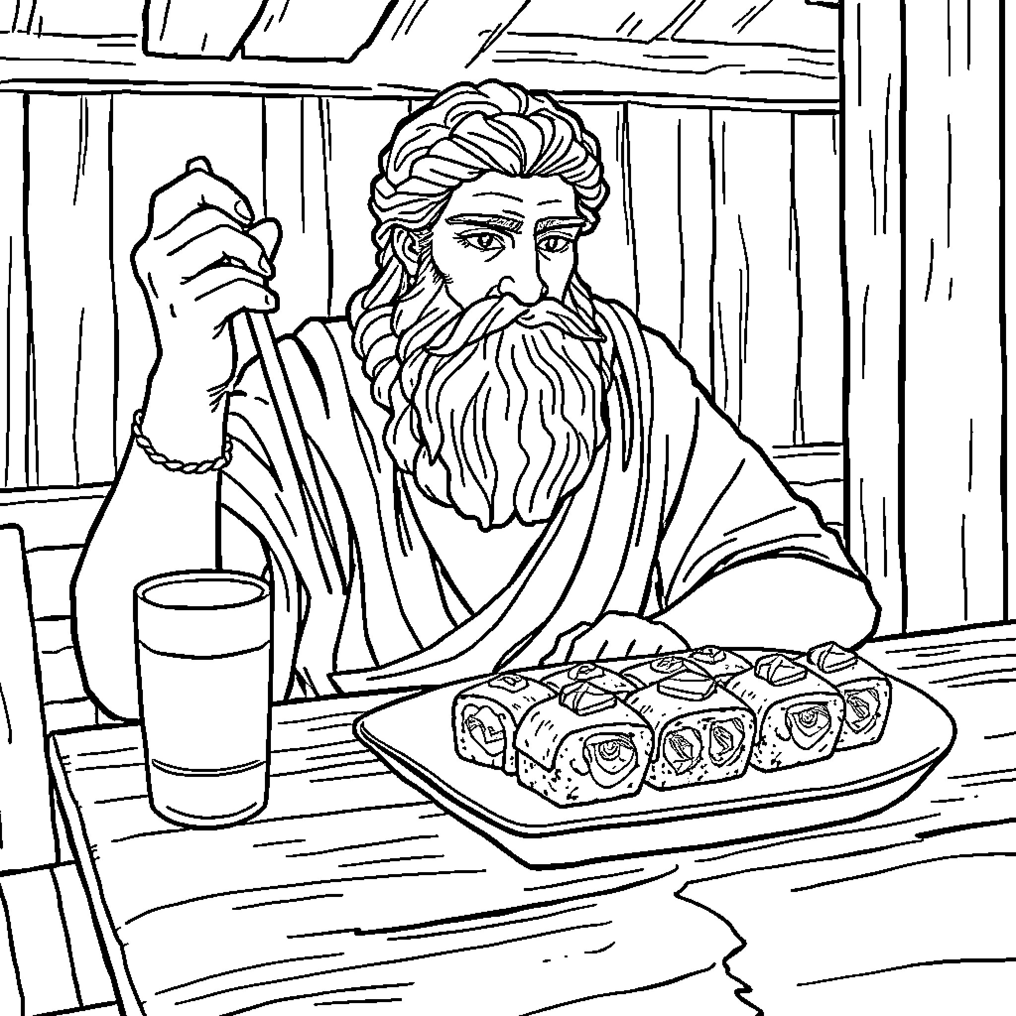 Aeschylus Enjoys a Rustic Meal in a Cabin Coloring Page (free black-and-white line drawing printable PDF for all, from beginners to advanced learners, including children, teens, adults, and seniors)