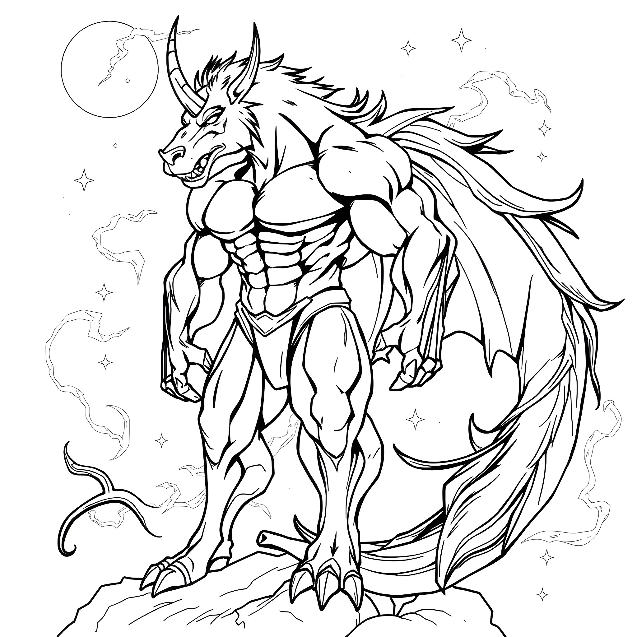 Rhysand, the Mythical Winged Warrior Coloring Page (free black-and-white line drawing printable PDF for all, from beginners to advanced learners, including children, teens, adults, and seniors)