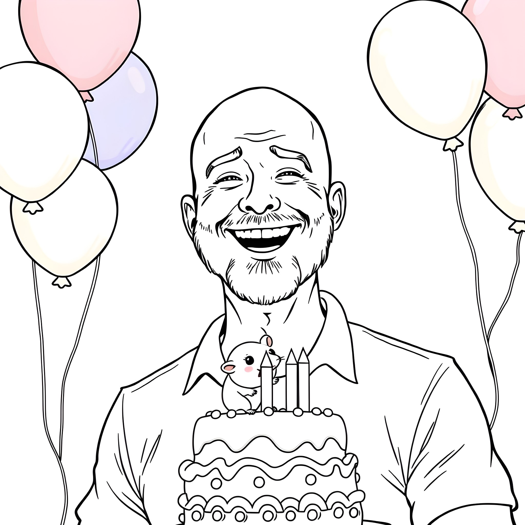 Man celebrating birthday with cake and balloons Coloring Page (free black-and-white line drawing printable PDF for all, from beginners to advanced learners, including children, teens, adults, and seniors)