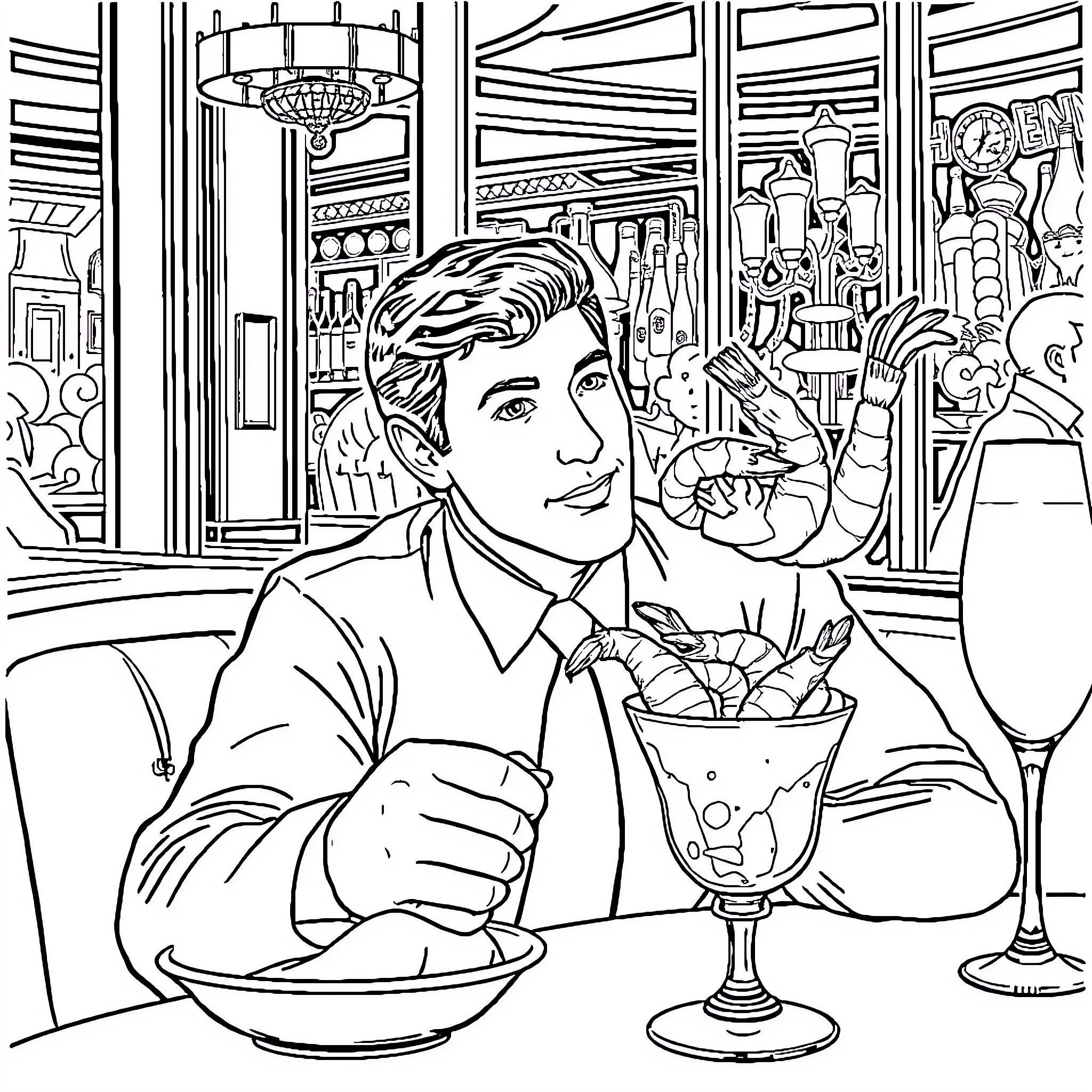 Sidney Crosby Enjoying a Meal in a Sophisticated Restaurant Coloring Page (free black-and-white line drawing printable PDF for all, from beginners to advanced learners, including children, teens, adults, and seniors)